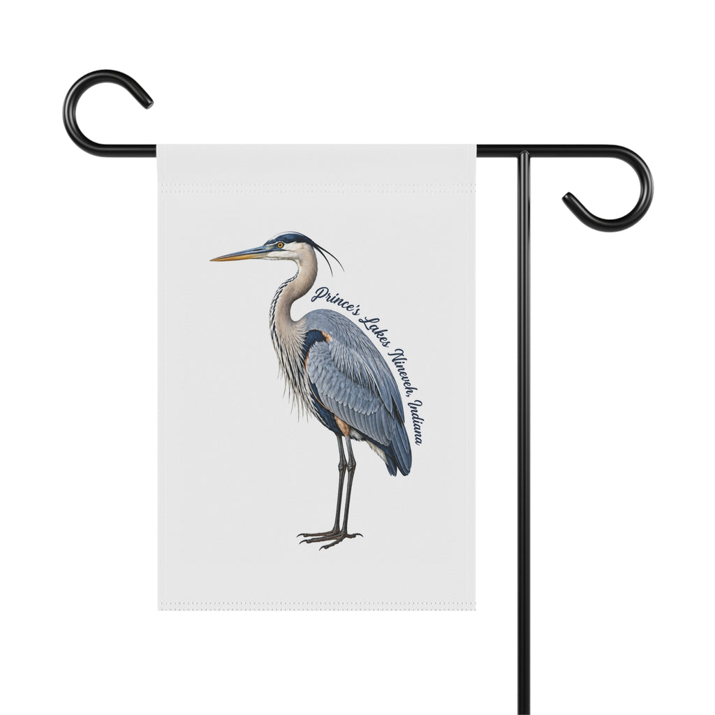 Blue Heron Garden Flag – Personalized 'Prince's Lake, Nineveh, Indiana' House Banner