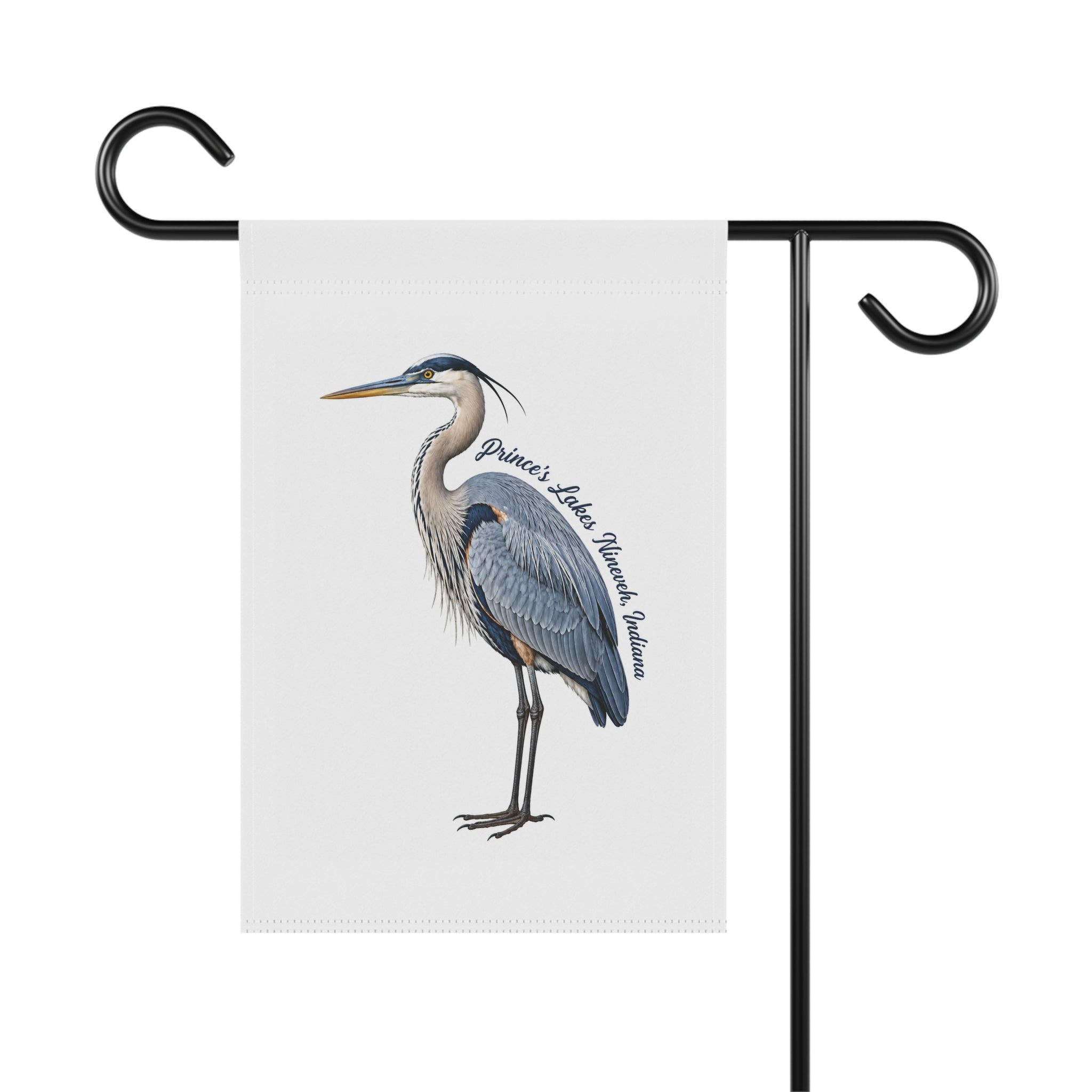 Blue Heron Garden Flag – Personalized 'Prince's Lake, Nineveh, Indiana' House Banner