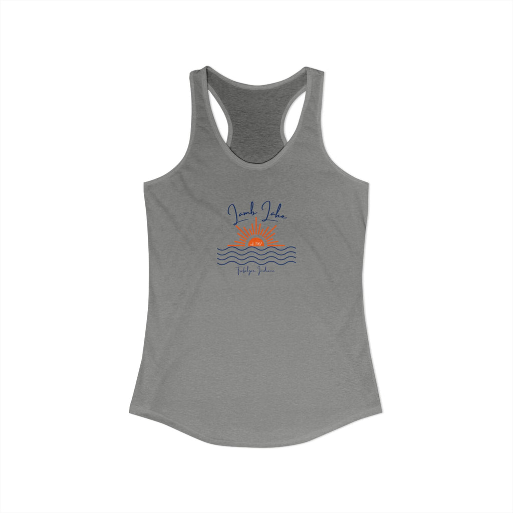 Women's Ideal Racerback Tank- Sun over Water "Lamb Lake" Script