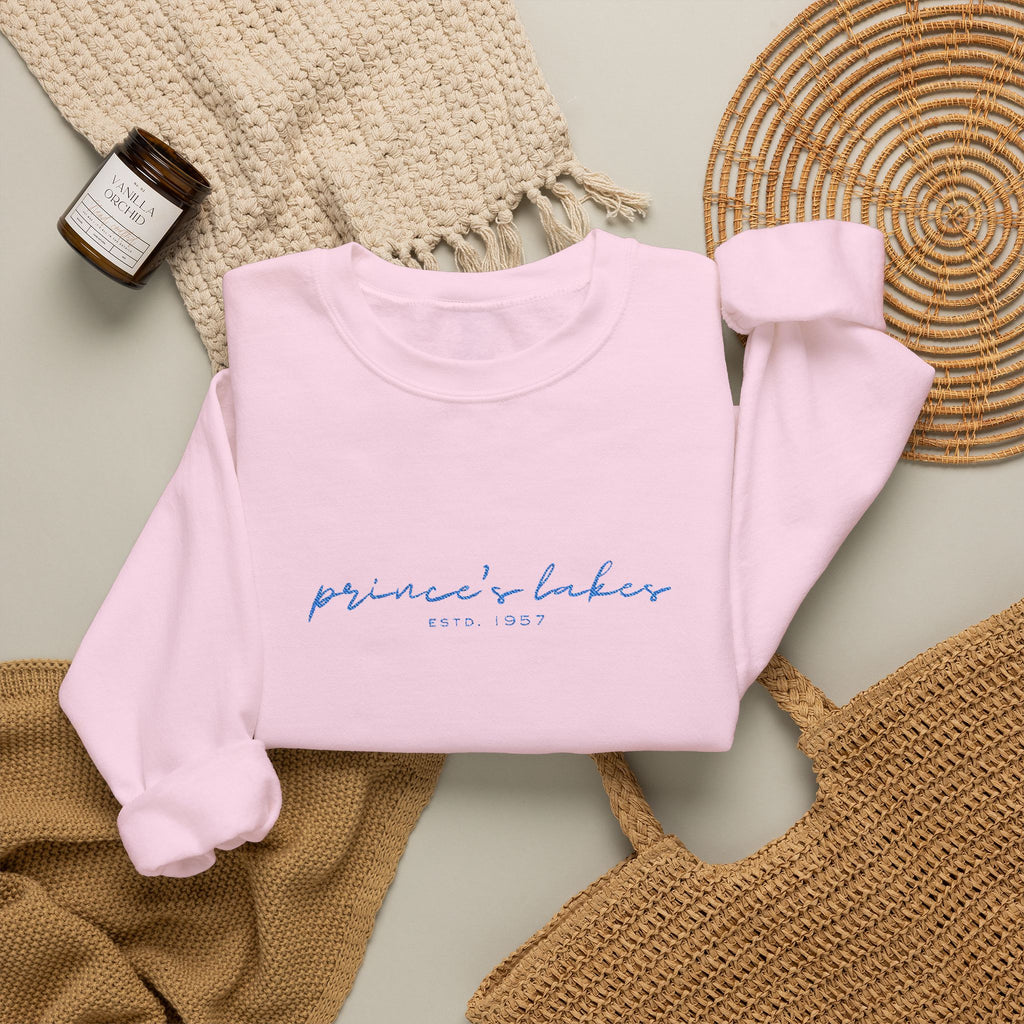 'Prince's Lakes' Script Embroidered Unisex Sweatshirt — Minimal Blue Handwritten Logo Crewneck