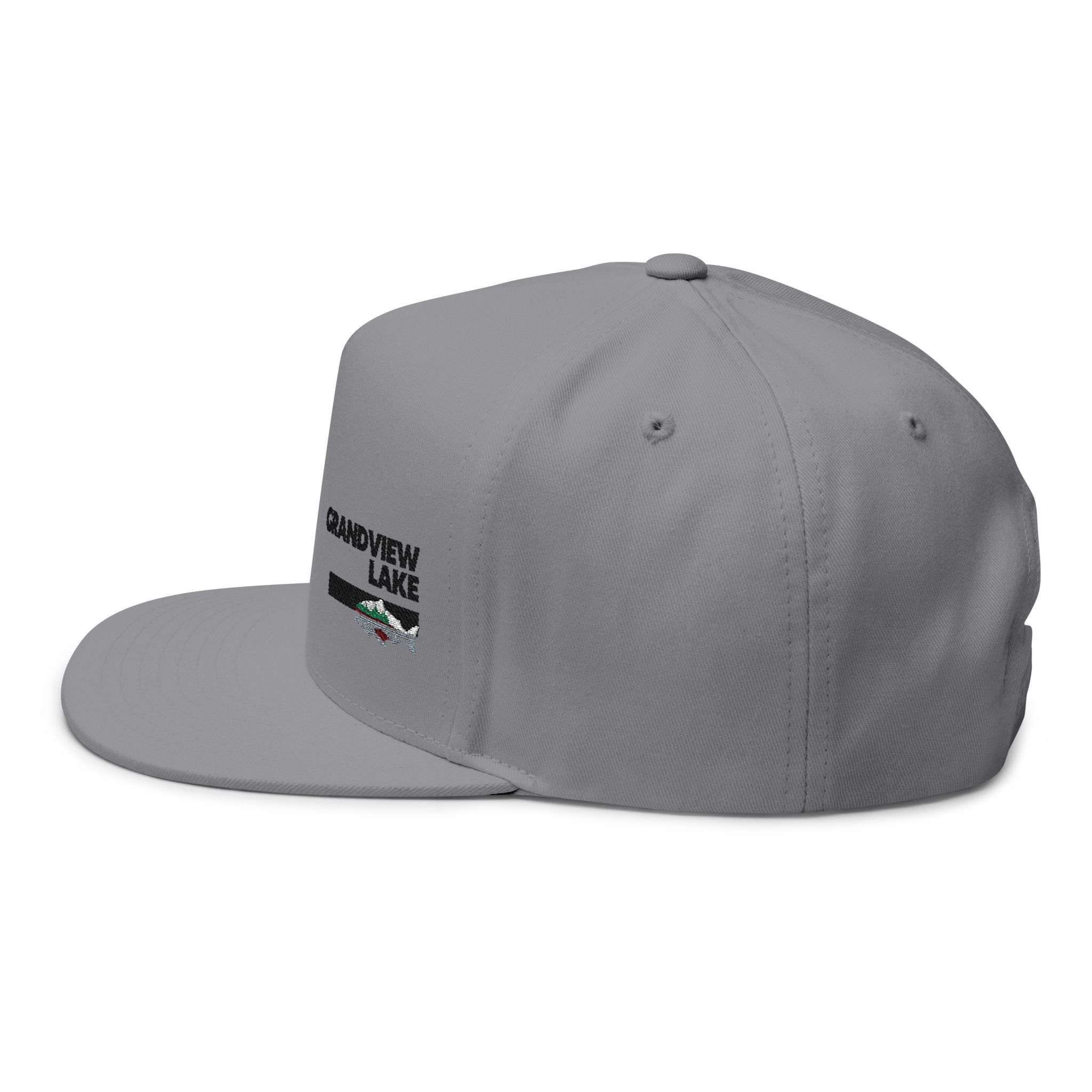 Grandview Lake Black Embroidered Flat Bill Cap — Fishing & Lake Life Snapback