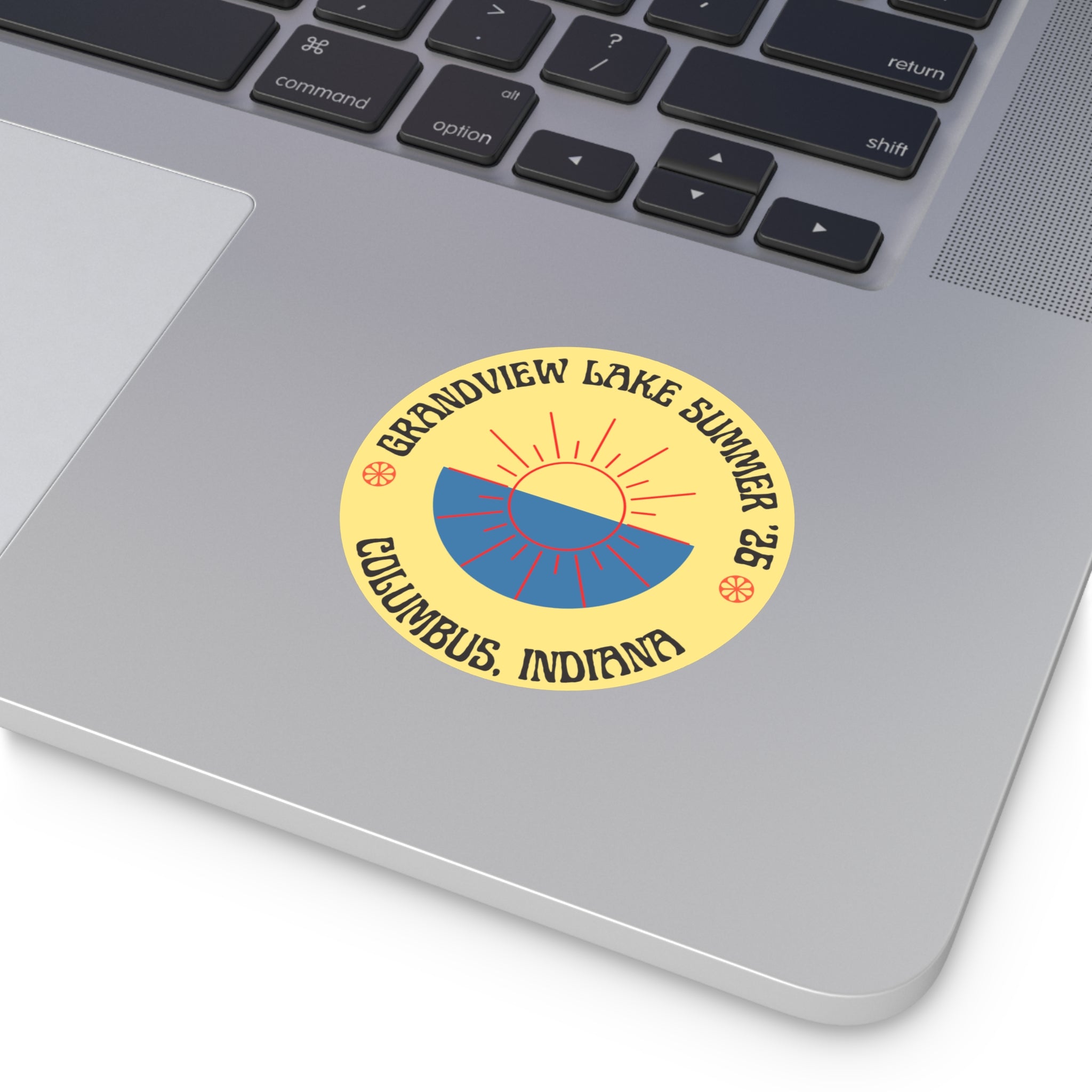 Grandview Lake Summer ’26 Round Vinyl Sticker — Columbus, Indiana Sun Logo