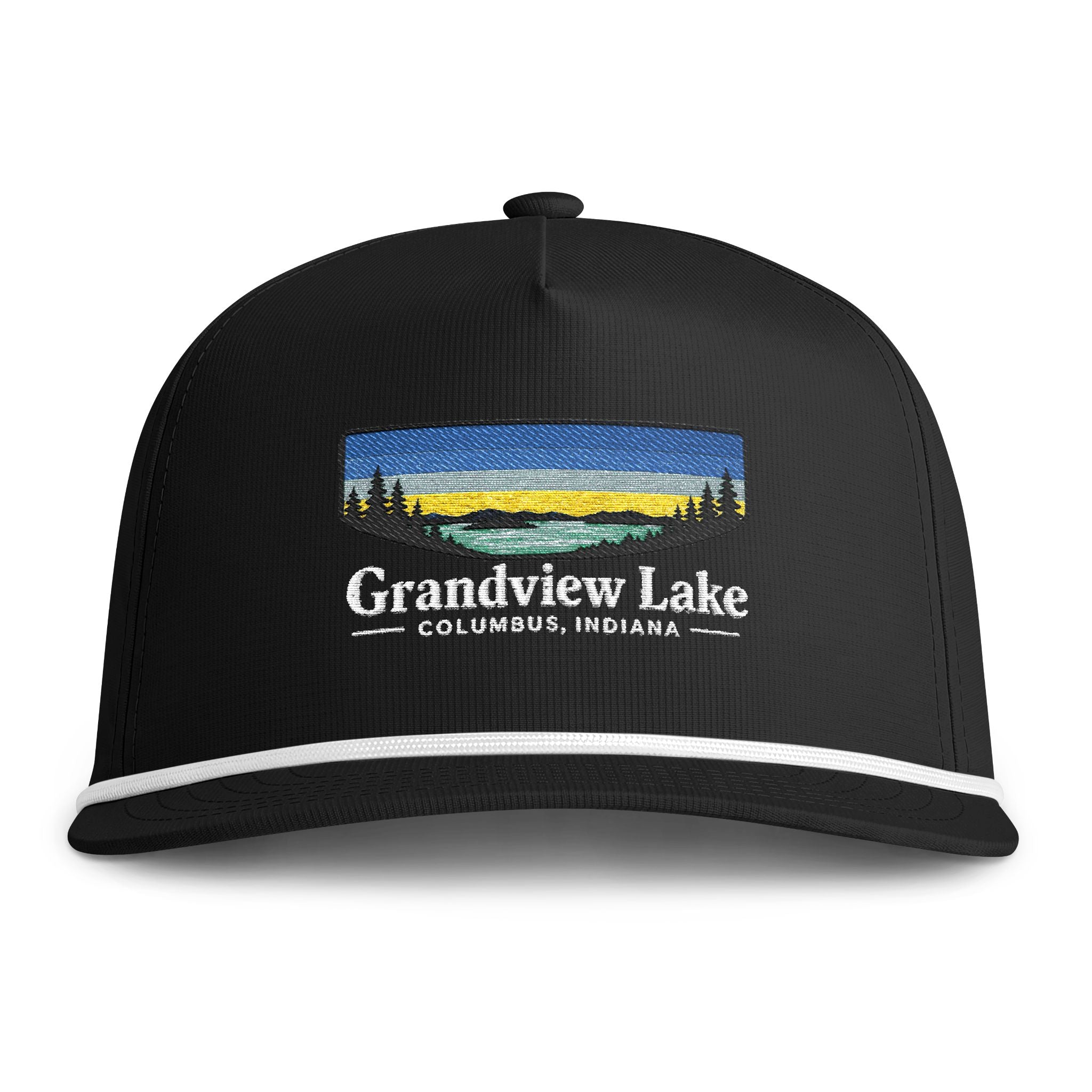 Sunset Lakes Rope Cap — Grandview Lake White Font Embroidered Trucker Hat