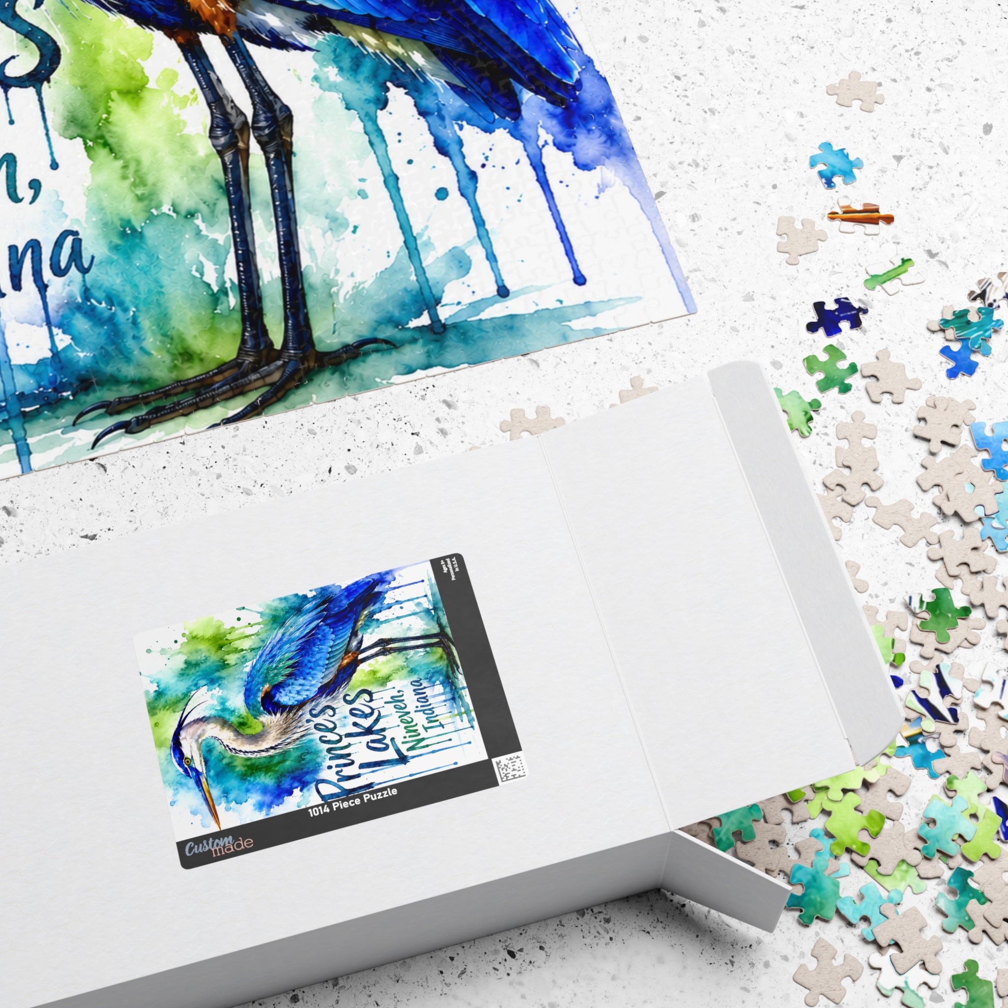 Blue Heron Watercolor Puzzle — "Prince's Lakes, Nineveh, Indiana" Artistic Jigsaw (1014 pcs)