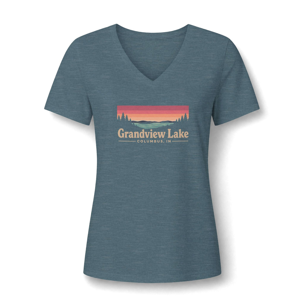 Grandview Lake Women's V-Neck Tee — Sunset Lake Graphic