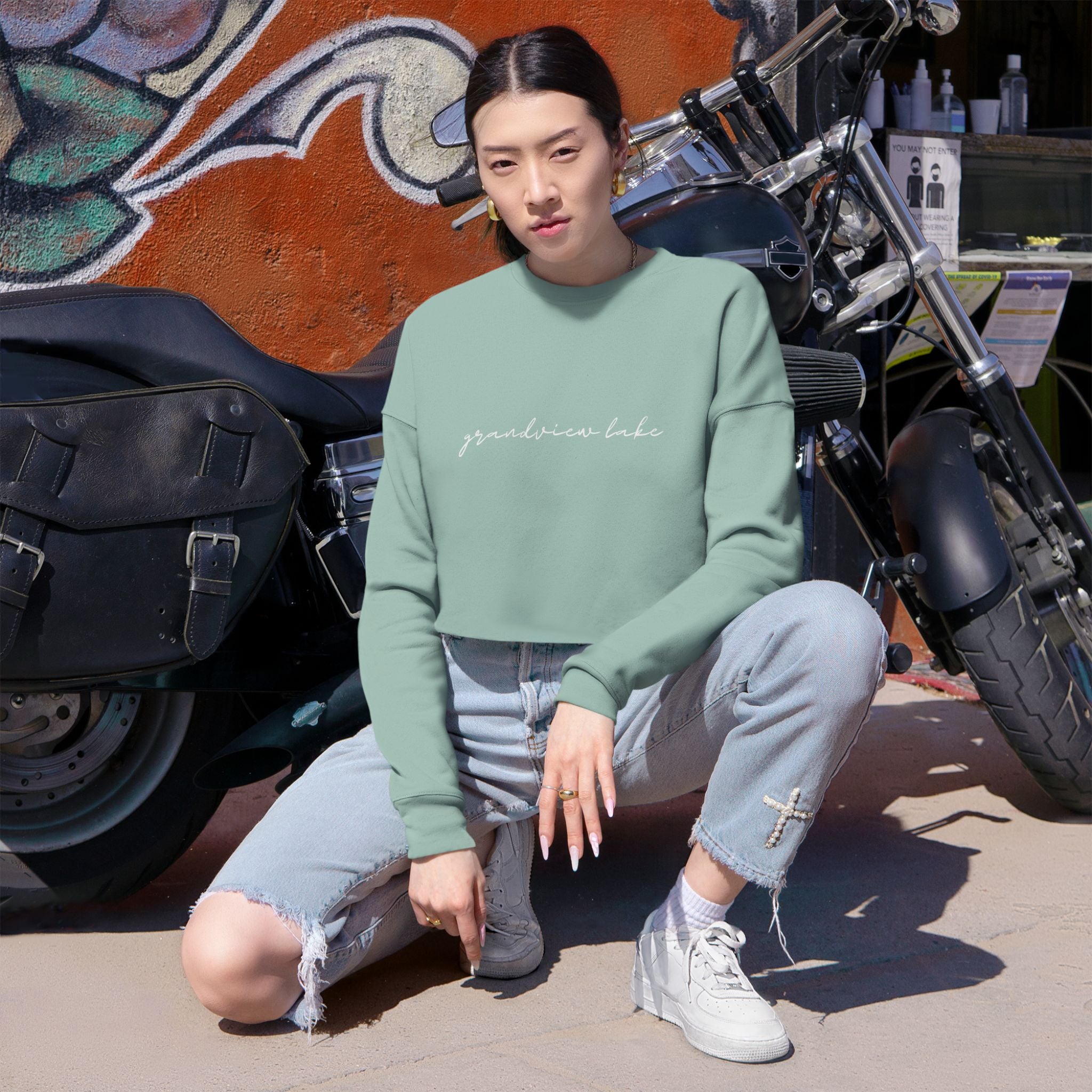 Cropped Hem Sweatshirt — 'grandview lake' Script Logo, Cozy Casual Pullover