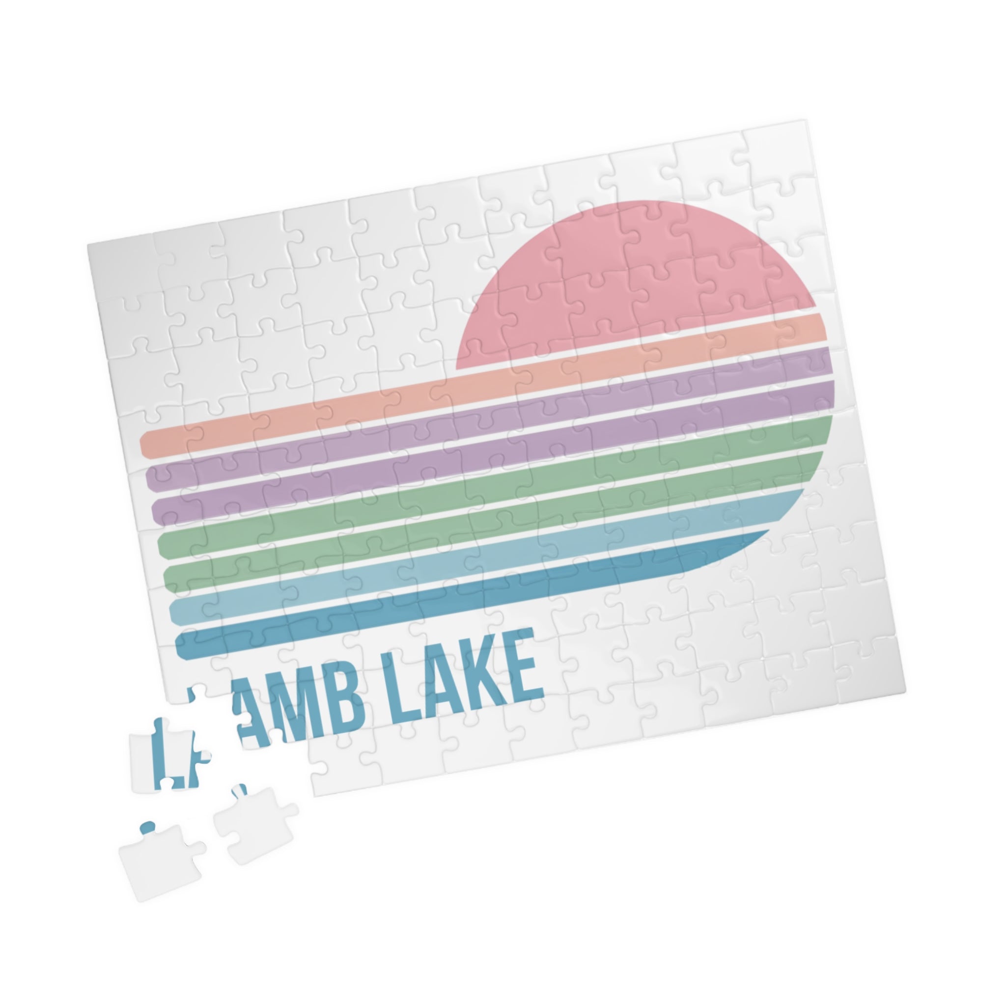 Kids Lamb Lake Sunset Puzzle — Pastel Stripes Jigsaw (110, 252, 510 pc)