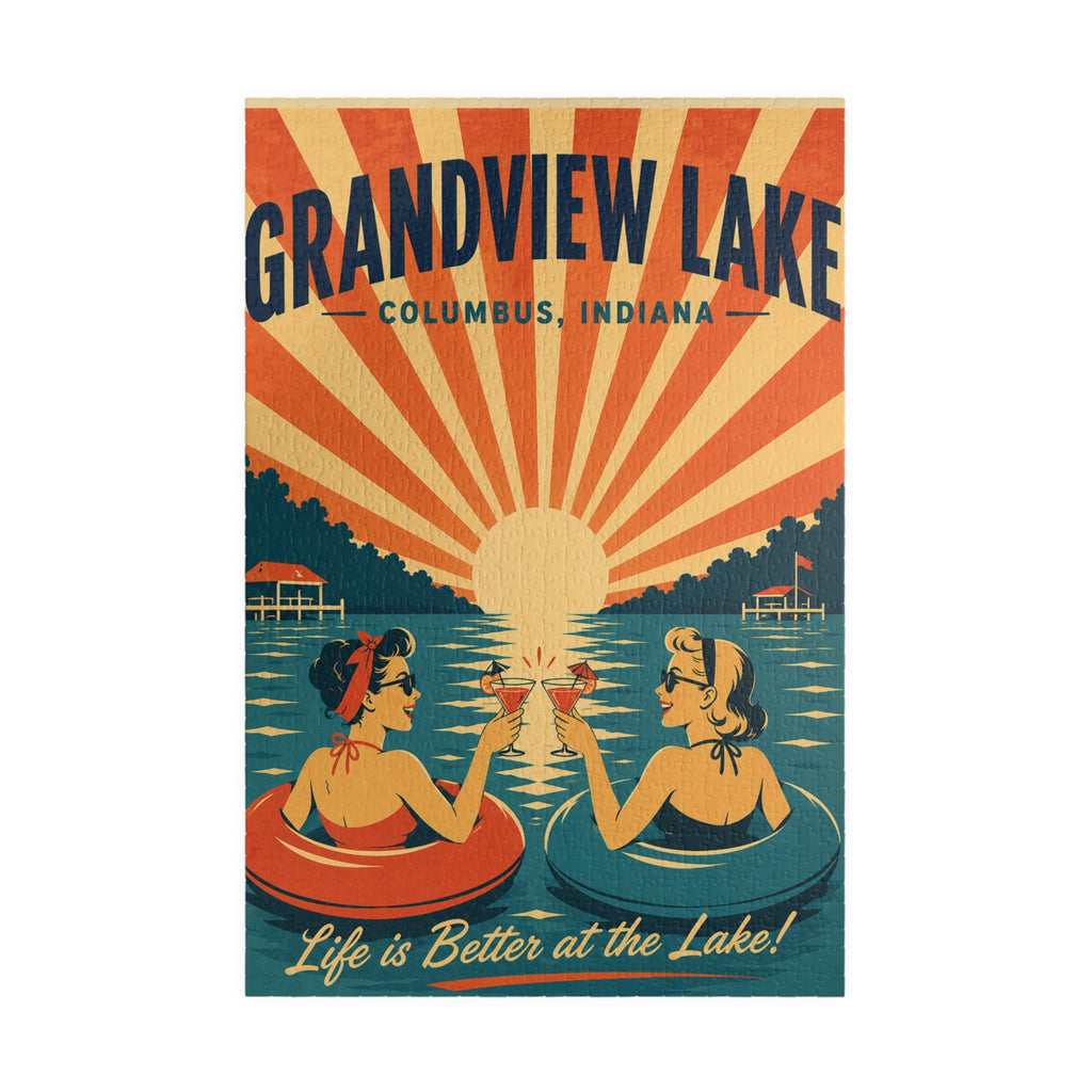 Grandview Lake Retro Float Sunset Puzzle — 'Life is Better at the Lake' (110–1014 pcs)