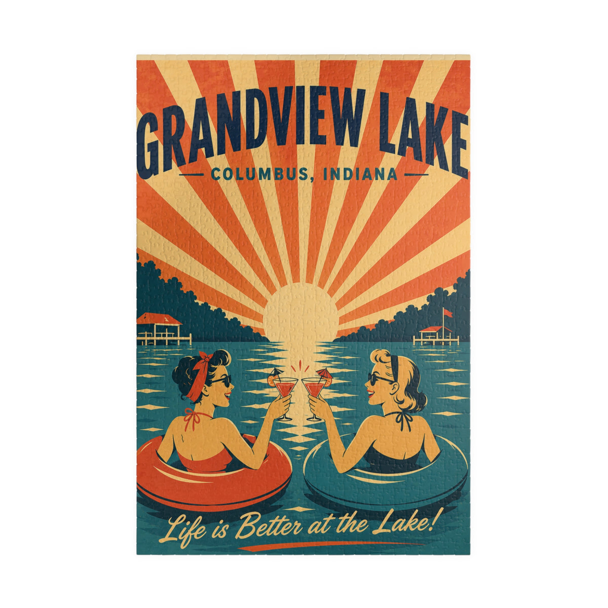 Grandview Lake Retro Float Sunset Puzzle — 'Life is Better at the Lake' (110–1014 pcs)