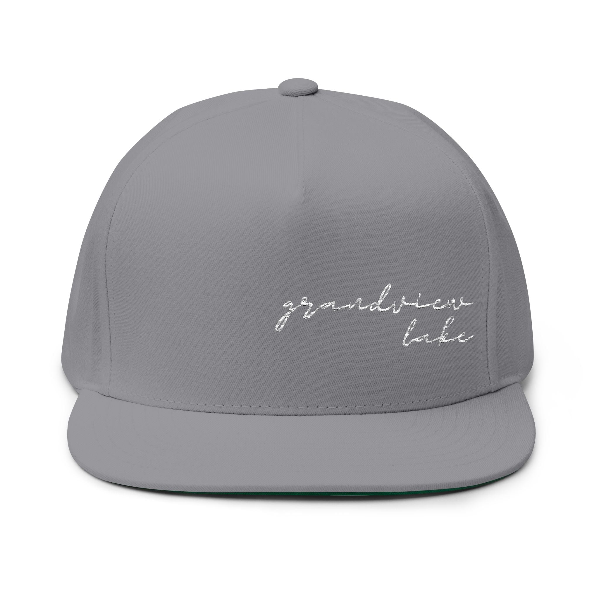 Grandview Lake White Script Embroidered Flat Bill Cap