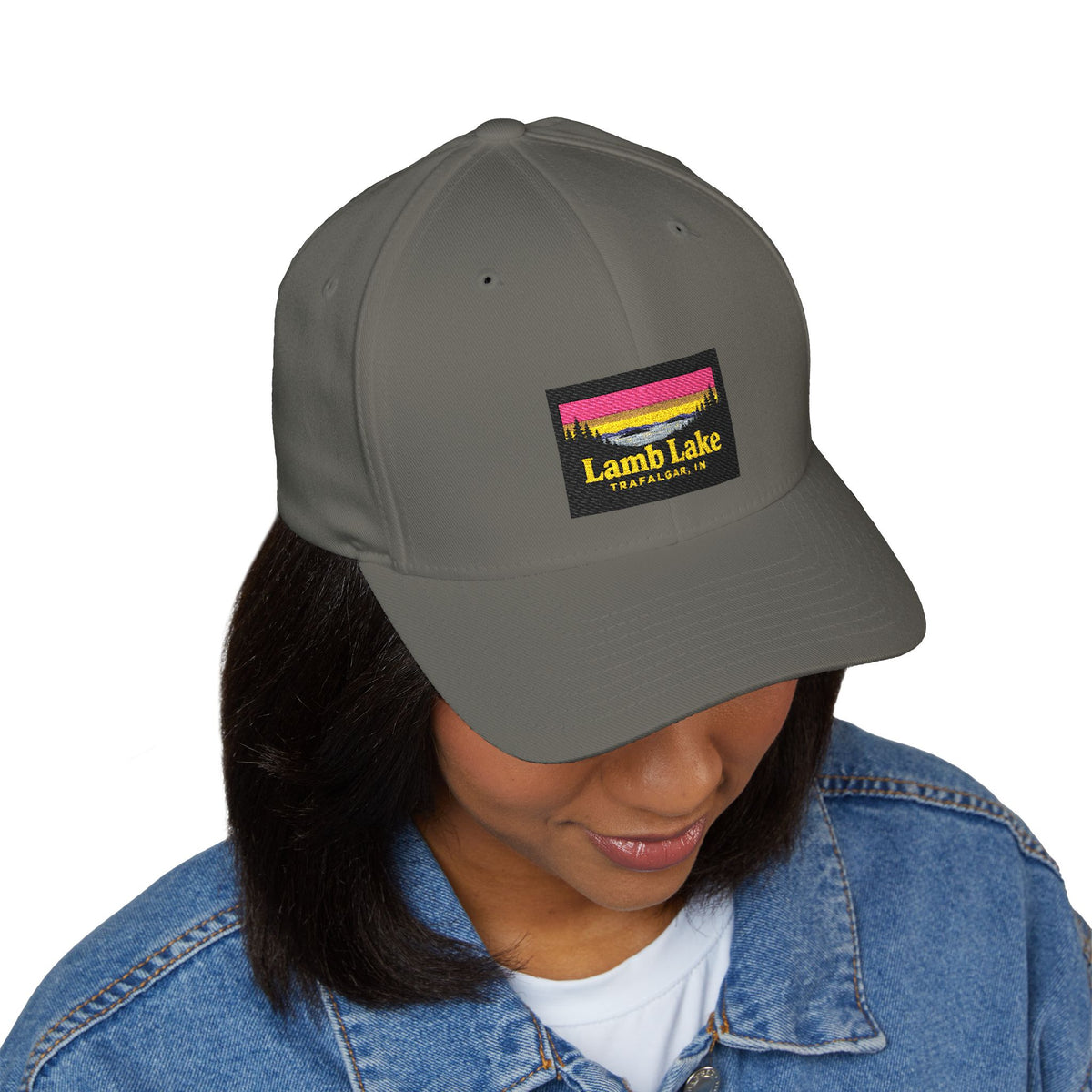 Lamb Lake Embroidered Cap — Scenic Lake Sunset Hat