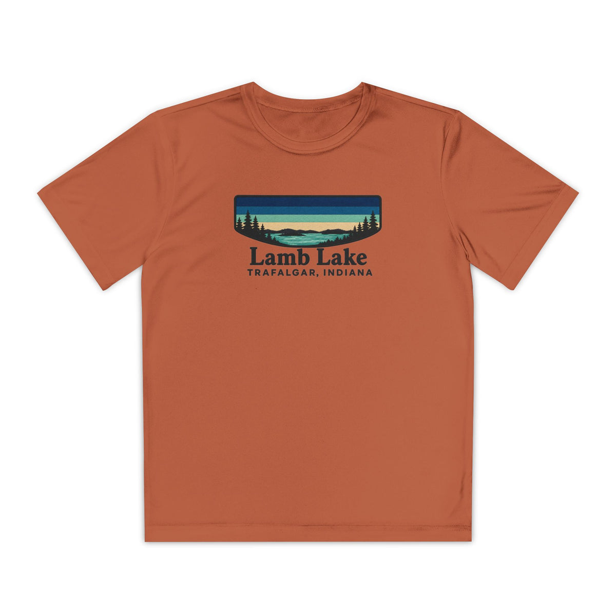 Youth Performance Tee — Lamb Lake Retro Sunset Camp Shirt
