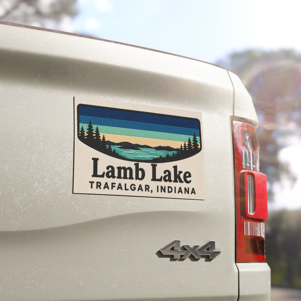 Lamb Lake Car Magnet — Trafalgar, Indiana Retro Lake Design
