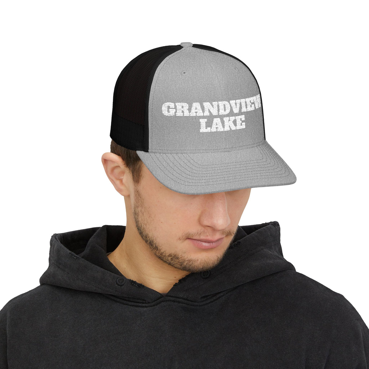 Grandview Lake Trucker Hat — Vintage White Mesh Snapback Cap