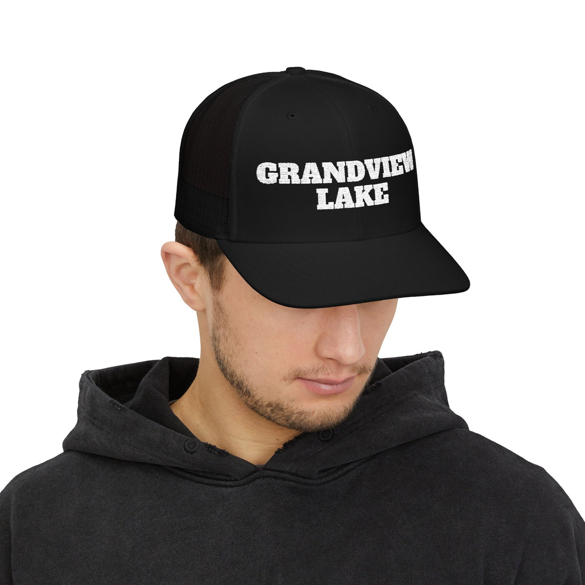 Grandview Lake Trucker Hat — Vintage White Mesh Snapback Cap