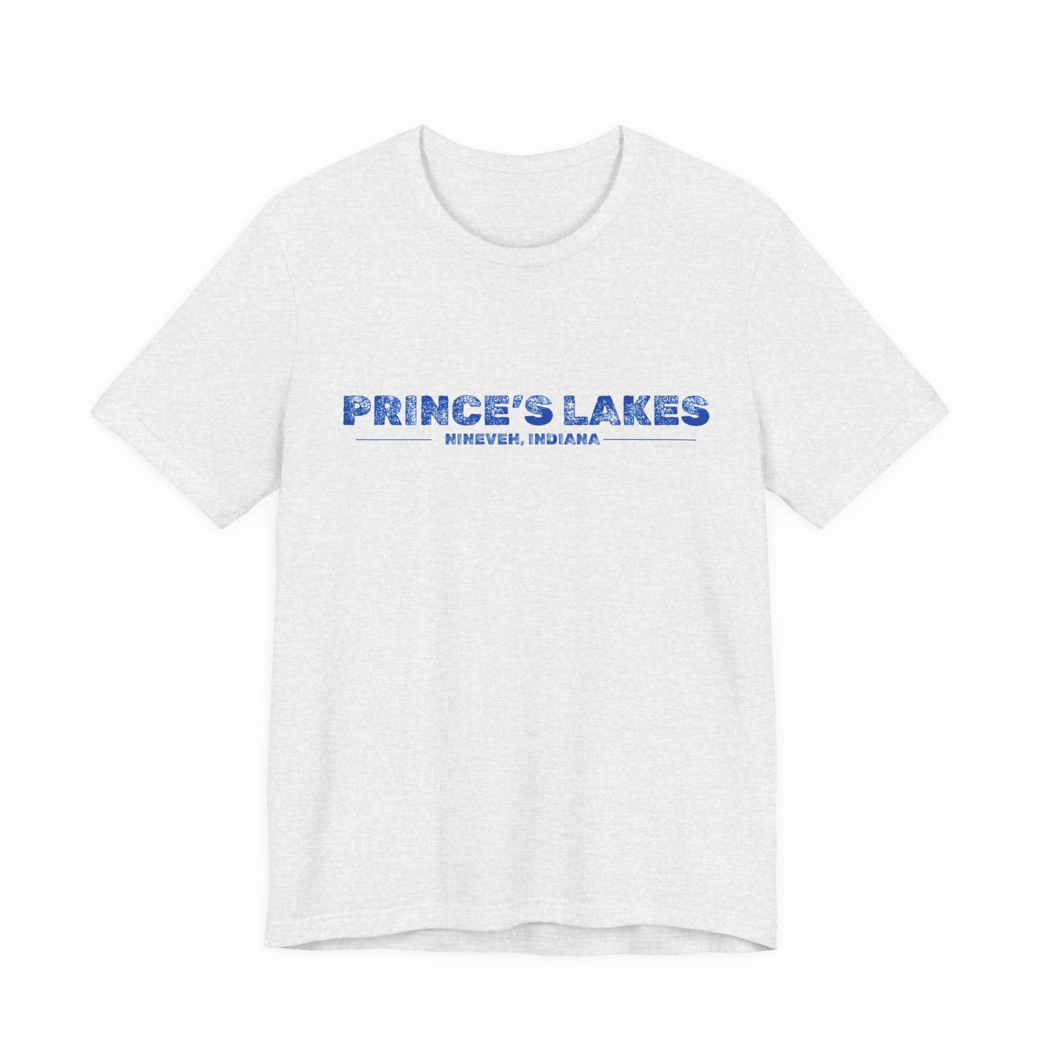Prince's Lakes, Indiana Tee — Vintage Blue Text Short Sleeve T-Shirt