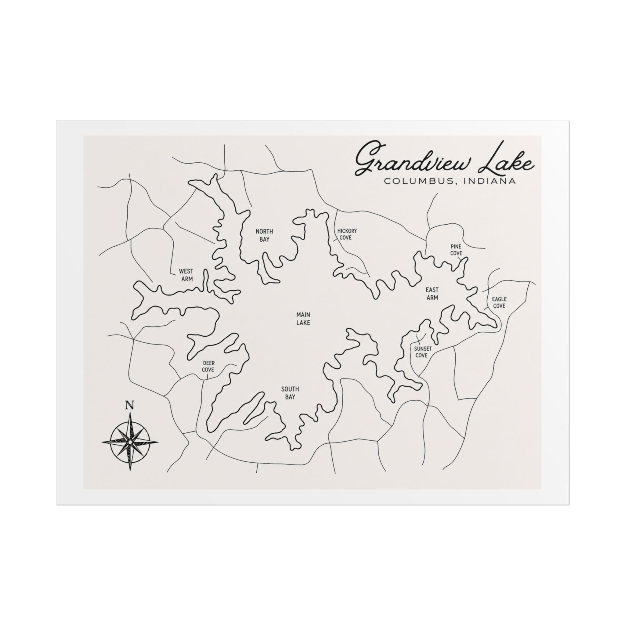 Grandview Lake Map Poster — Rolled Vintage Nautical Lake Map Wall Art