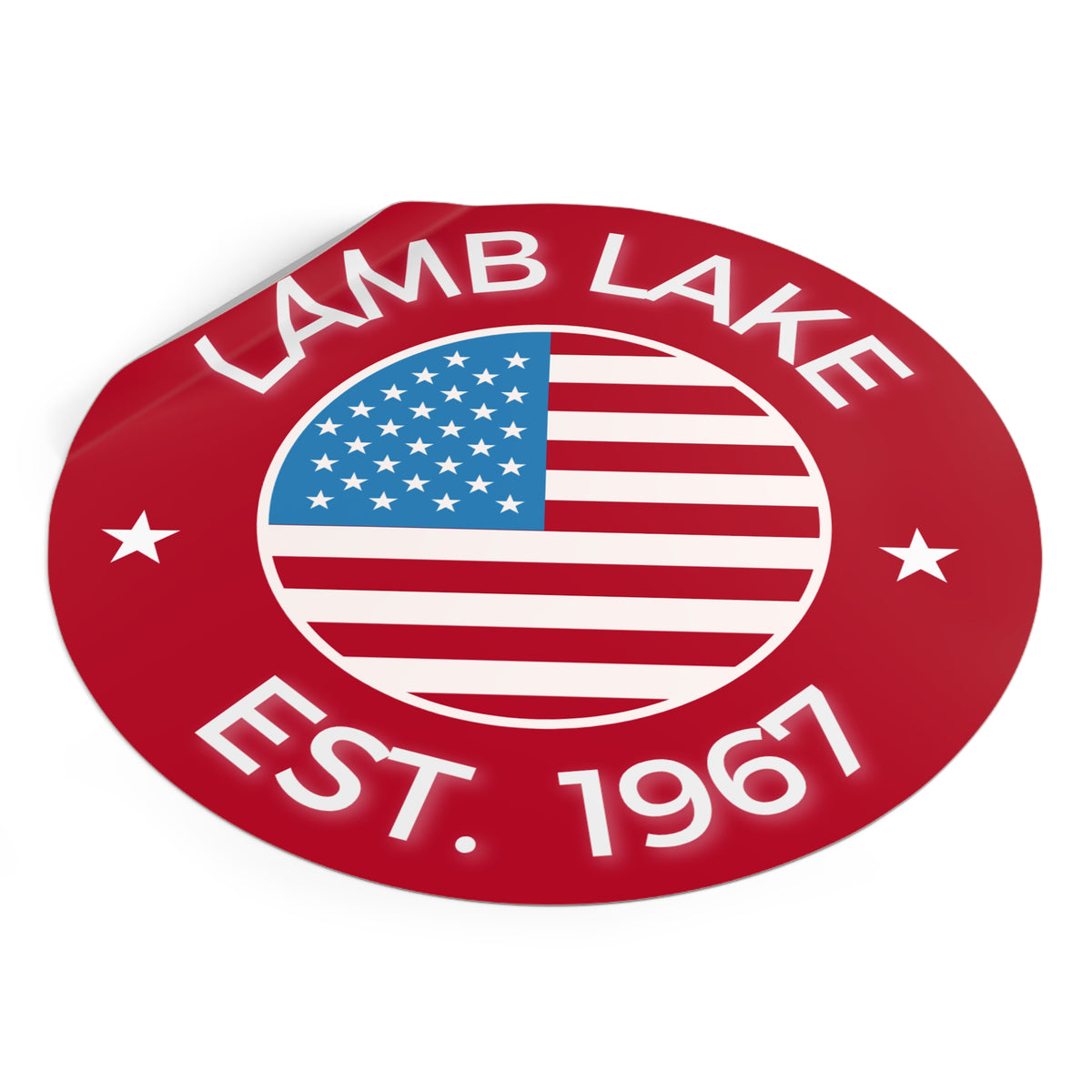 Lamb Lake Est. 1967 Round Vinyl Sticker — American Flag Lake Pride