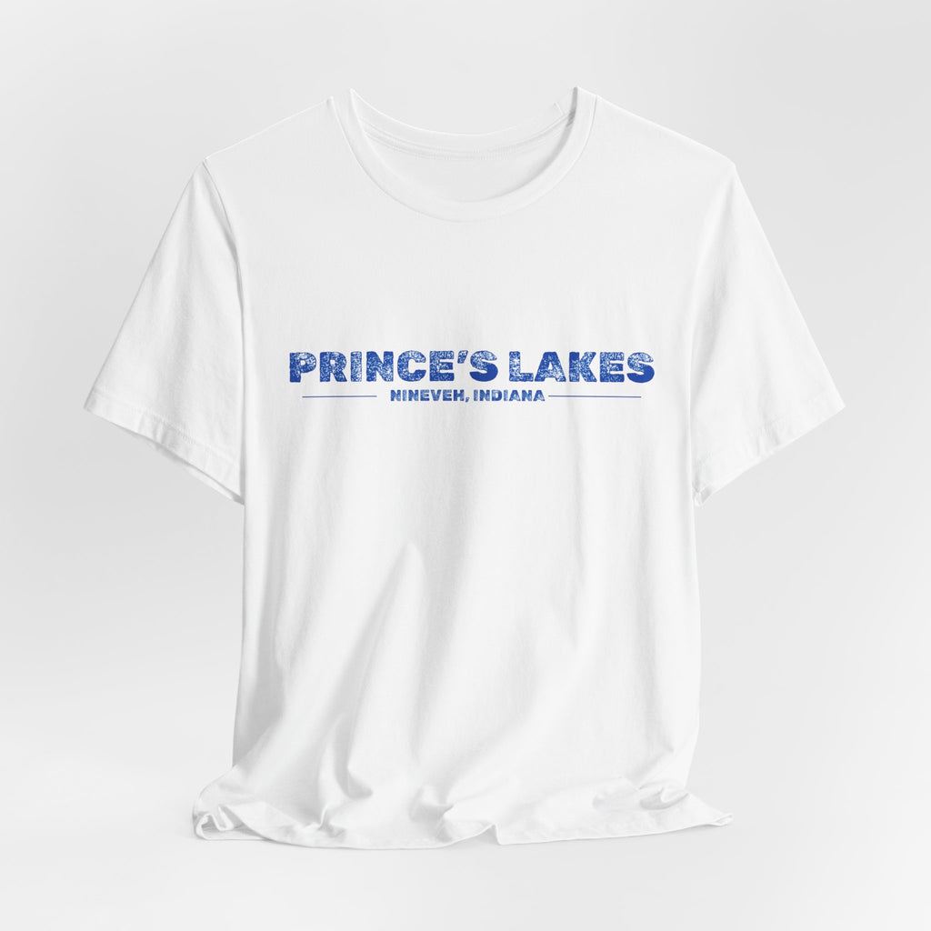 Prince's Lakes, Indiana Tee — Vintage Blue Text Short Sleeve T-Shirt