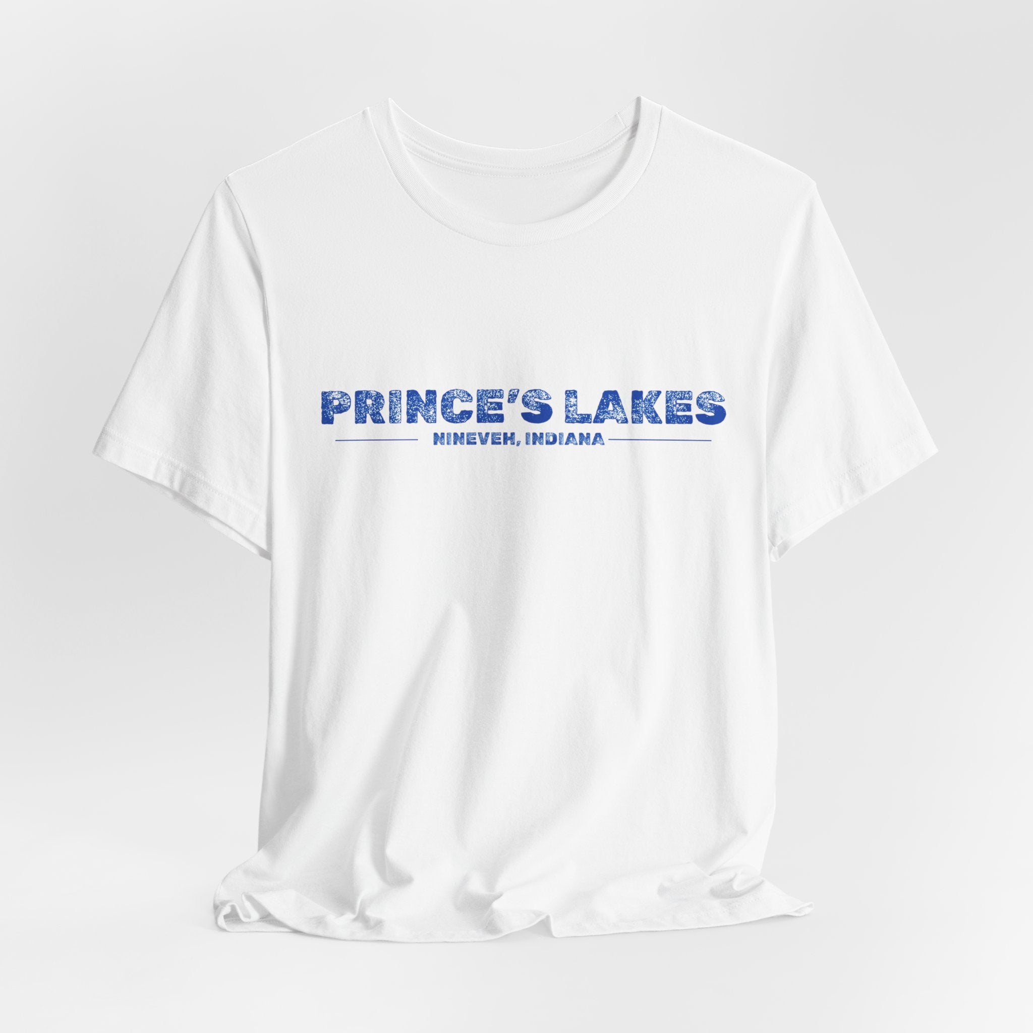 Prince's Lakes, Indiana Tee — Vintage Blue Text Short Sleeve T-Shirt