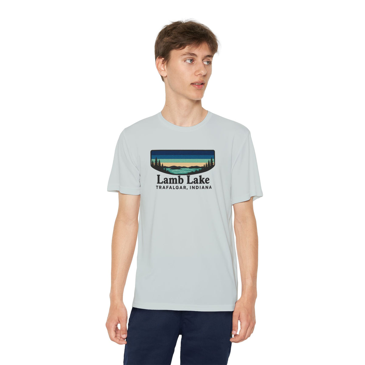 Youth Performance Tee — Lamb Lake Retro Sunset Camp Shirt