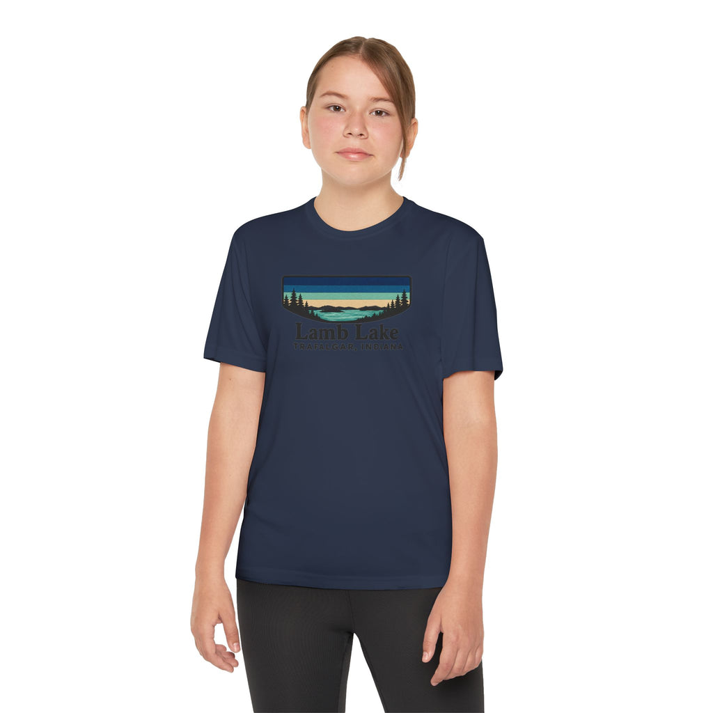 Youth Performance Tee — Lamb Lake Retro Sunset Camp Shirt