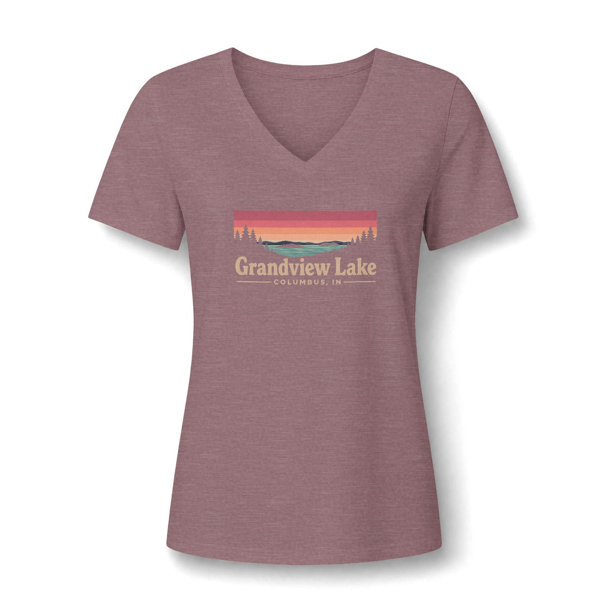 Grandview Lake Women's V-Neck Tee — Sunset Lake Graphic