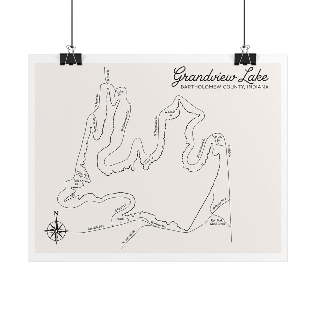 Grandview Lake Map Poster — Rolled Vintage Nautical Lake Map Wall Art