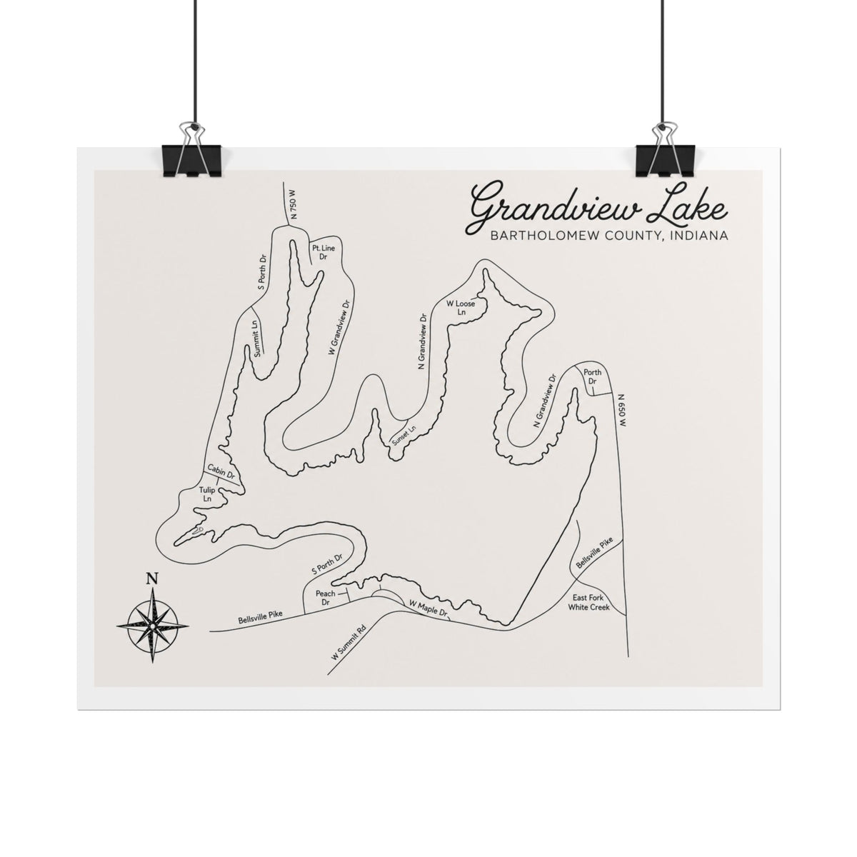 Grandview Lake Map Poster — Rolled Vintage Nautical Lake Map Wall Art