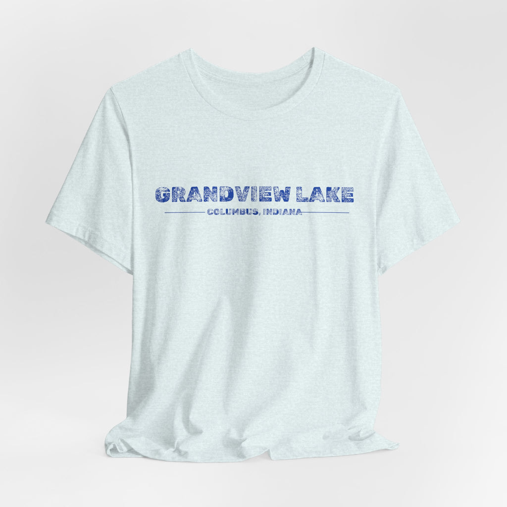 Grandview Lake Columbus, Indiana Tee — Vintage Blue Text Short Sleeve T-Shirt