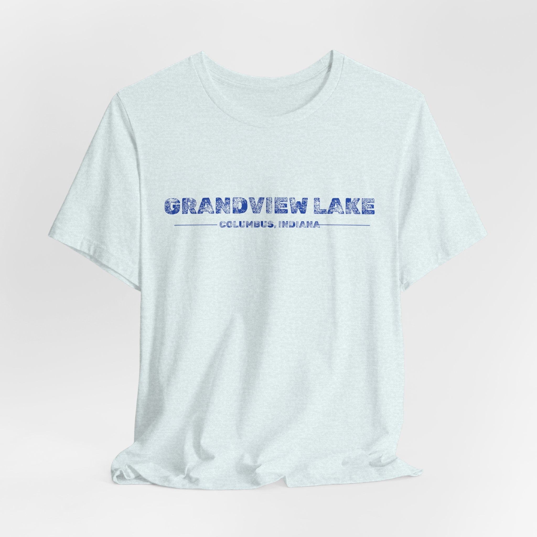 Grandview Lake Columbus, Indiana Tee — Vintage Blue Text Short Sleeve T-Shirt