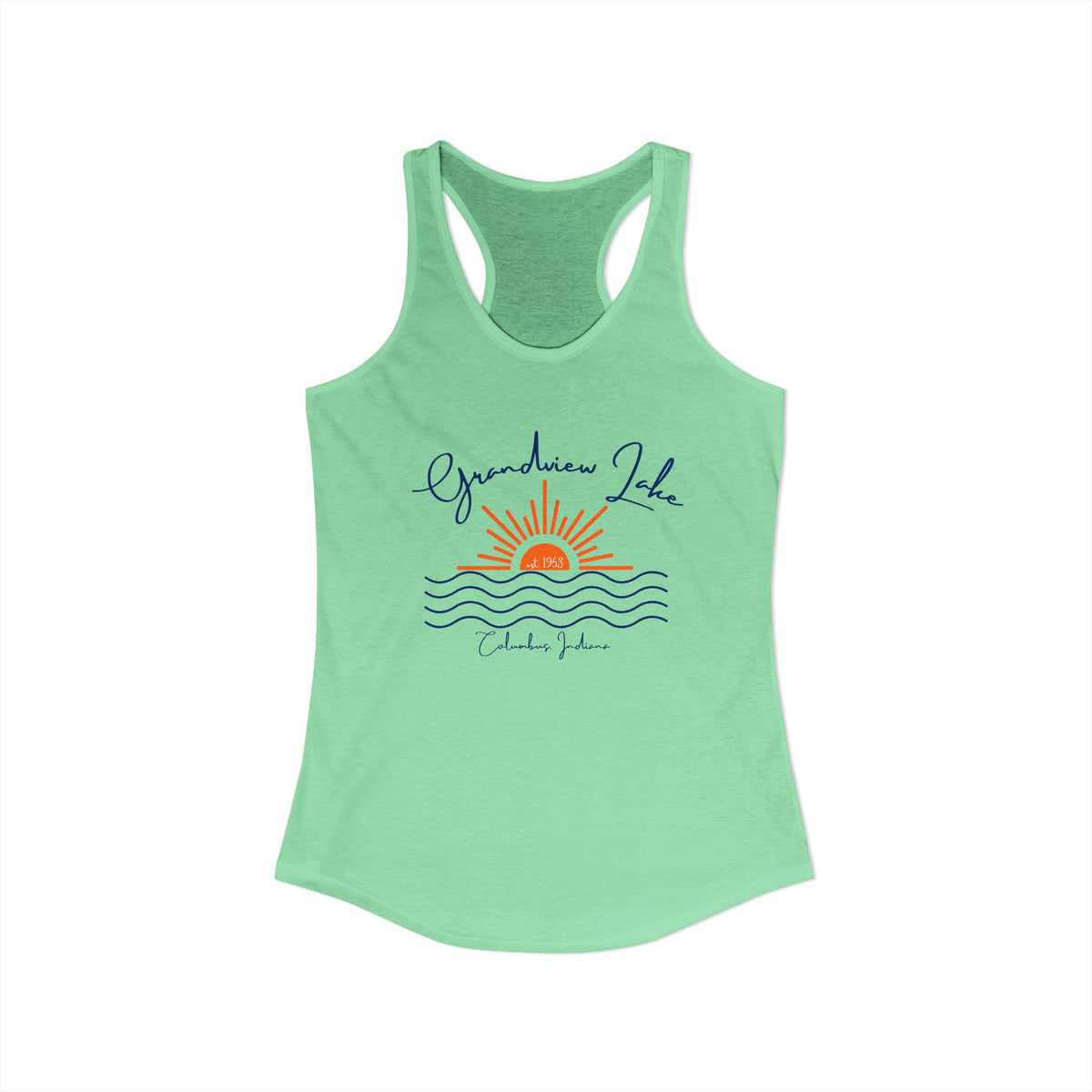 Women's Ideal Racerback Tank- Sun over Water "Grandview Lake" Script