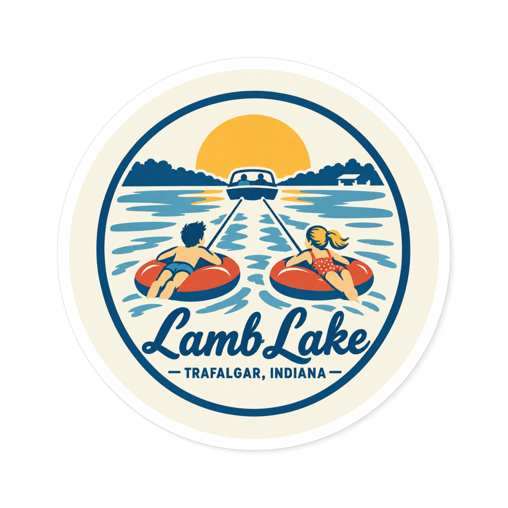 Lamb Lake Round Sticker — Retro Lake Tubing Design (Trafalgar, Indiana)