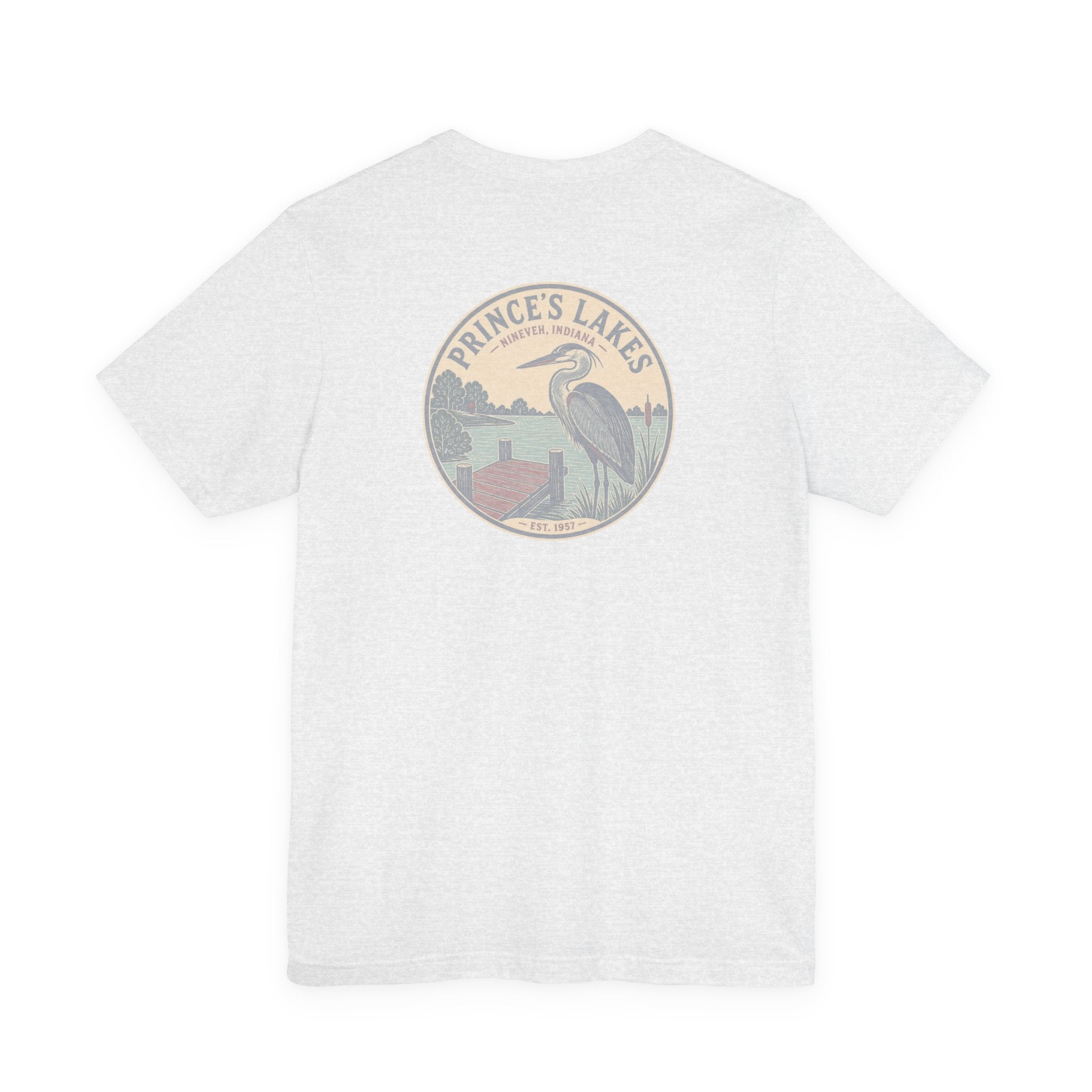 Prince's Lakes Great Blue Heron Graphic Tee — Vintage Nature Pocket & Back Print