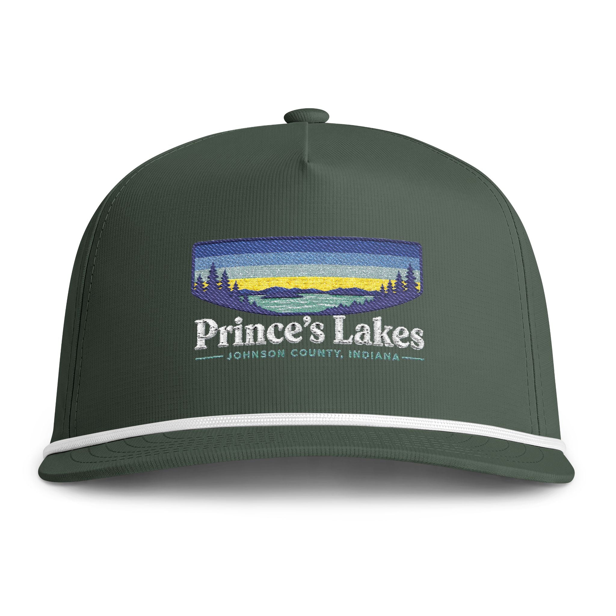 Sunset Lakes Rope Cap — "Prince's Lakes" White Font Embroidered Trucker Hat