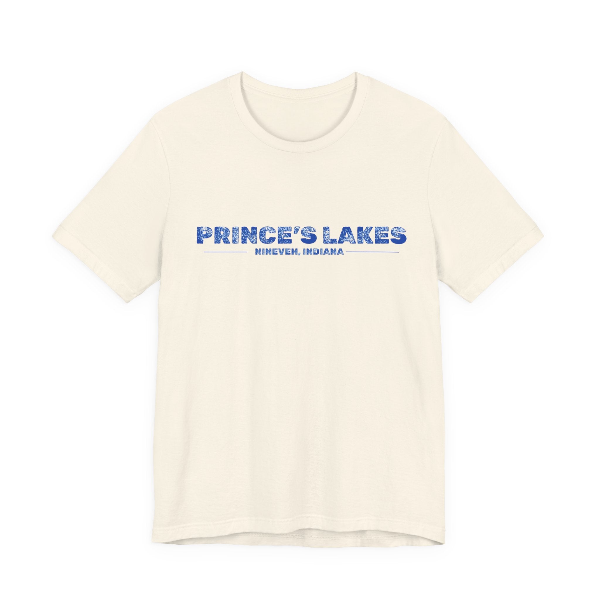 Prince's Lakes, Indiana Tee — Vintage Blue Text Short Sleeve T-Shirt