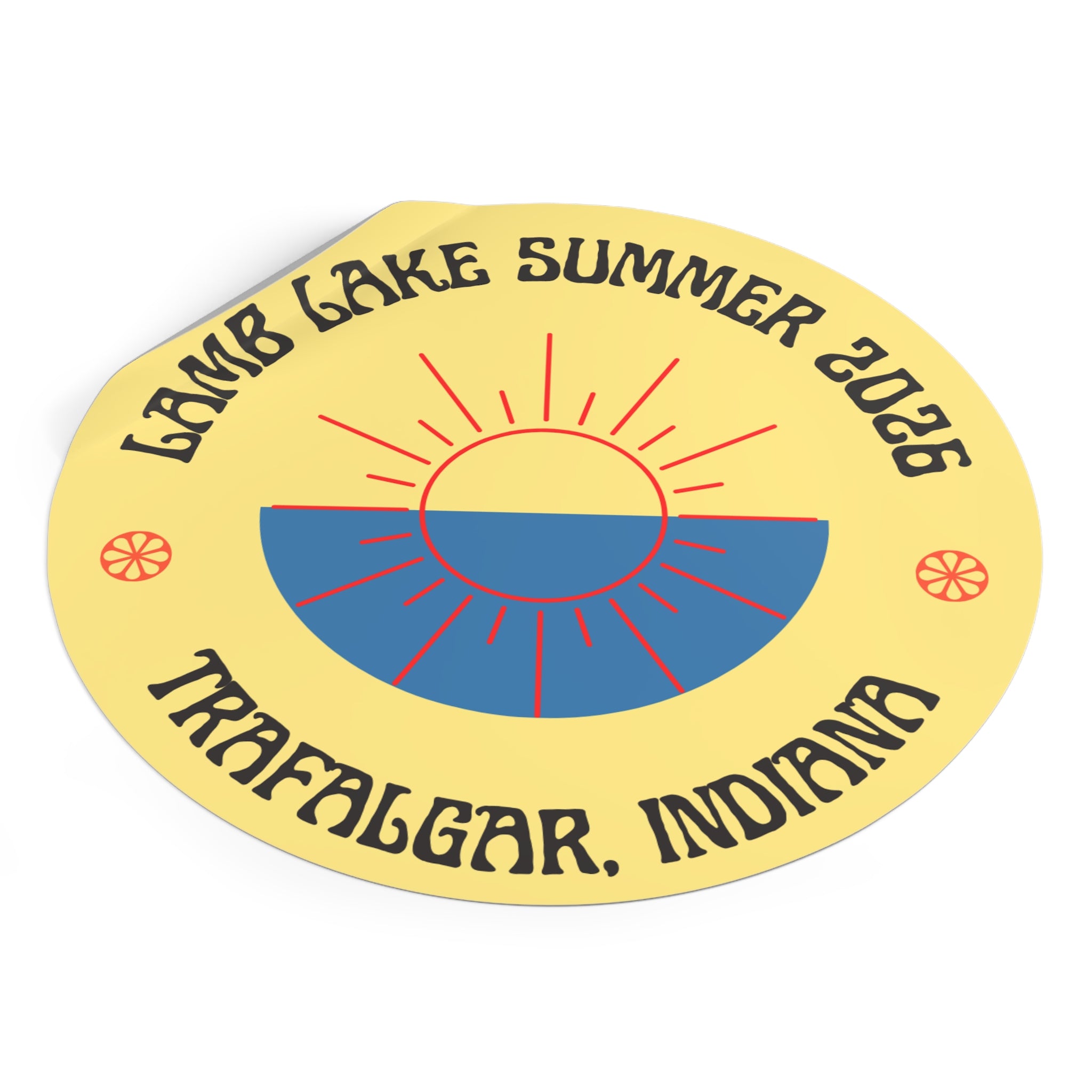 Lamb Lake Summer ’26 Round Vinyl Sticker — Trafalgar, Indiana Sun Logo