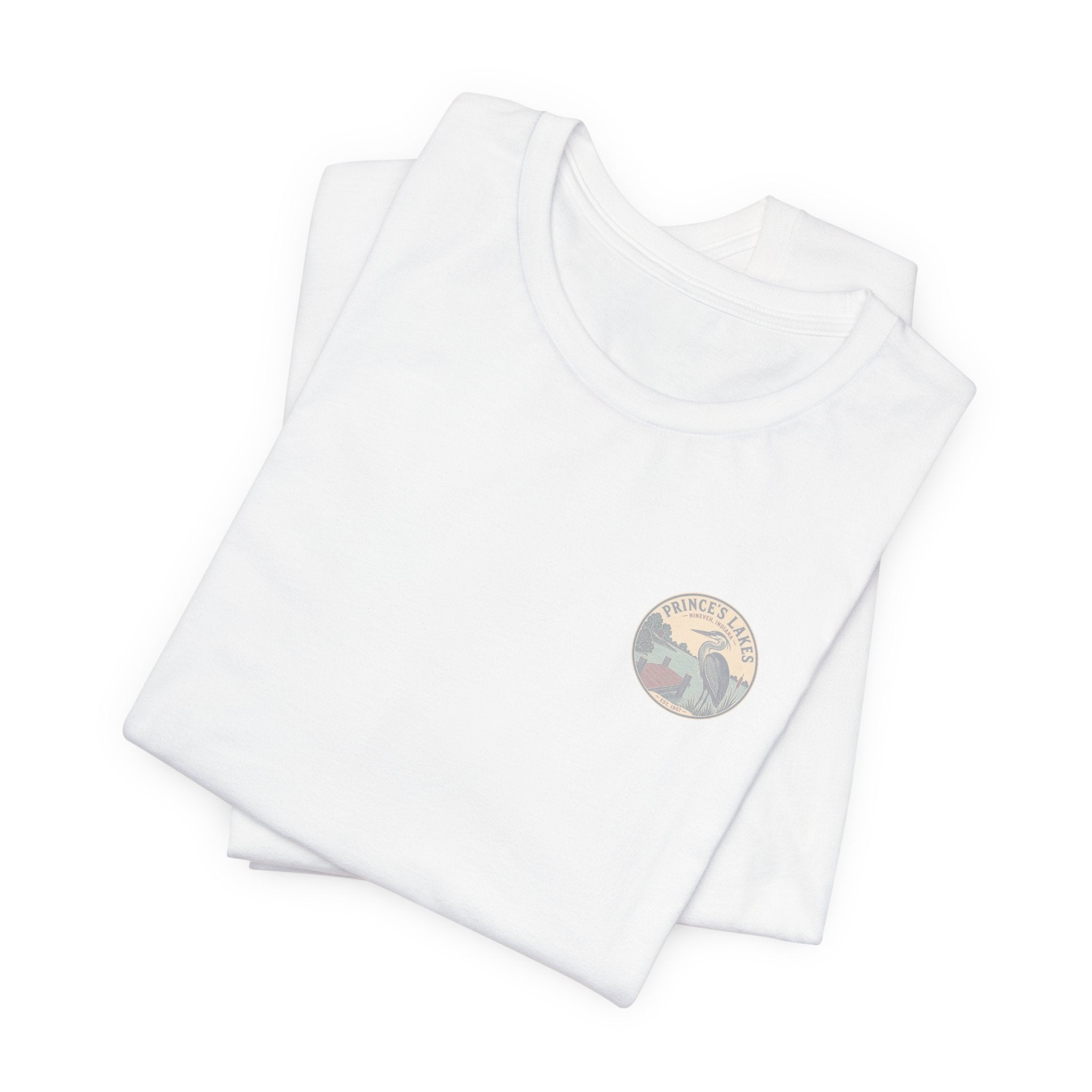 Prince's Lakes Great Blue Heron Graphic Tee — Vintage Nature Pocket & Back Print