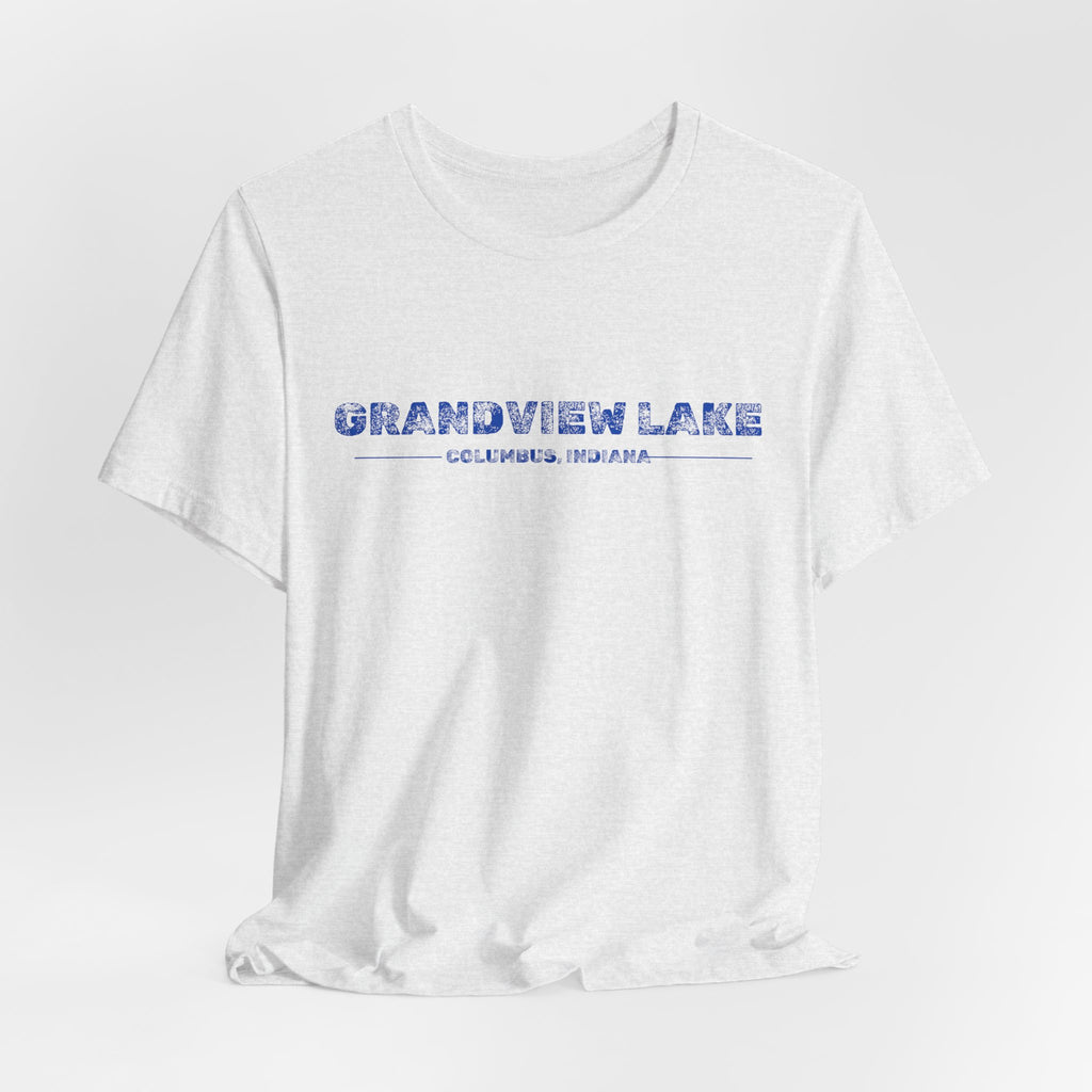 Grandview Lake Columbus, Indiana Tee — Vintage Blue Text Short Sleeve T-Shirt