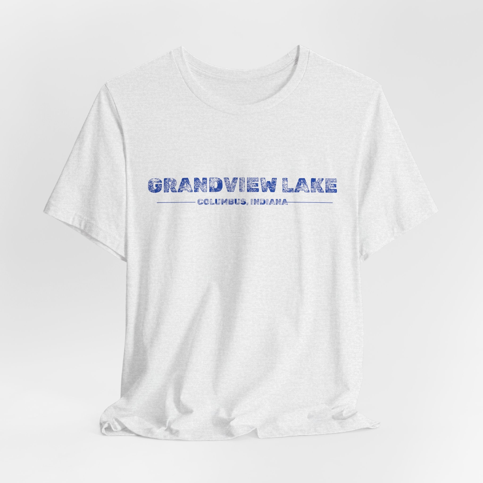 Grandview Lake Columbus, Indiana Tee — Vintage Blue Text Short Sleeve T-Shirt