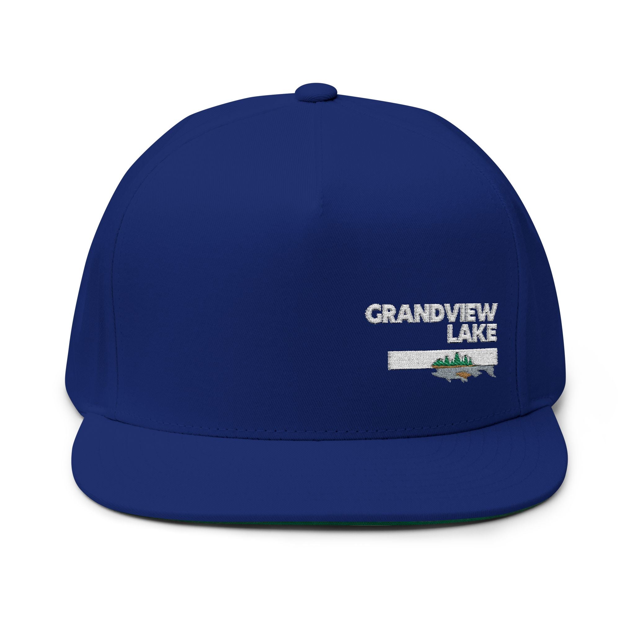 Grandview Lake White Embroidered Flat Bill Cap — Fishing & Lake Life Snapback