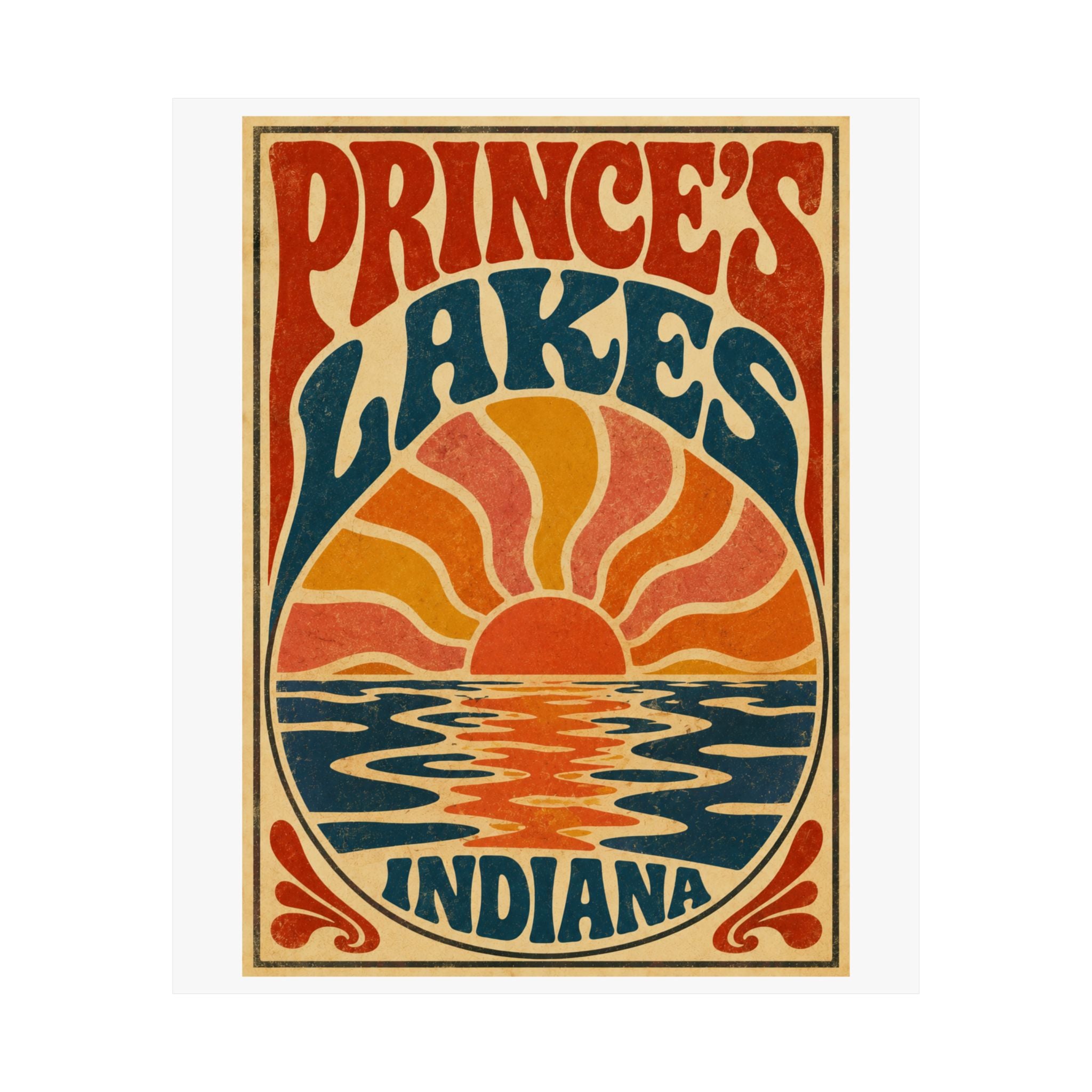 Prince's Lakes Indiana Groovy Sunset Poster — Matte Vertical Wall Art