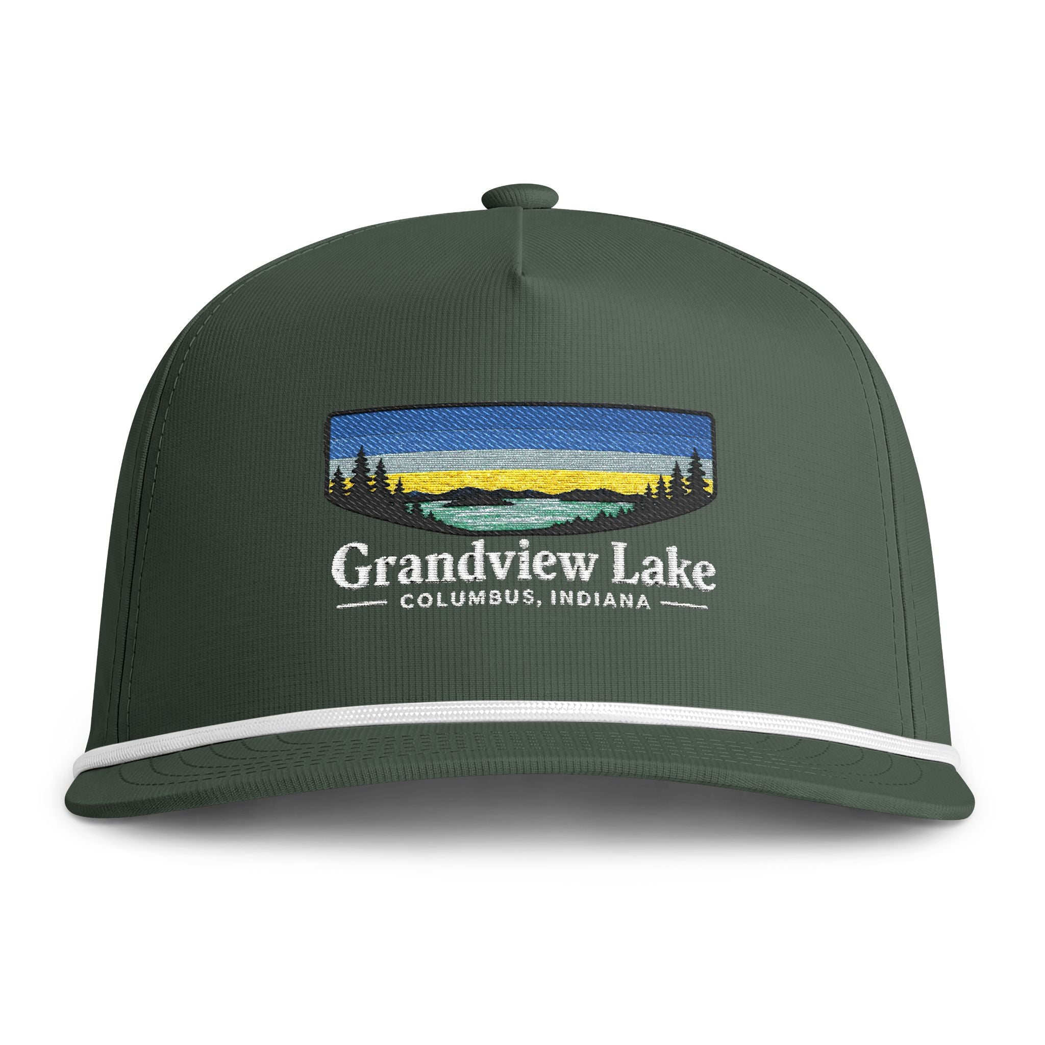 Sunset Lakes Rope Cap — Grandview Lake White Font Embroidered Trucker Hat