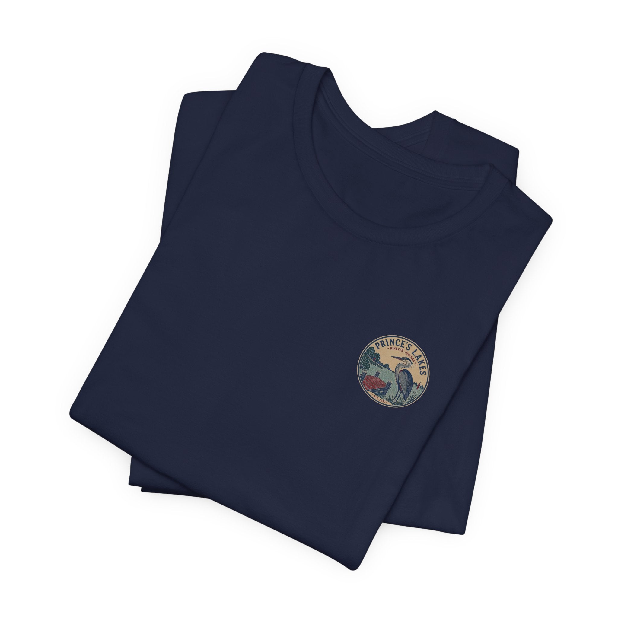 Prince's Lakes Great Blue Heron Graphic Tee — Vintage Nature Pocket & Back Print