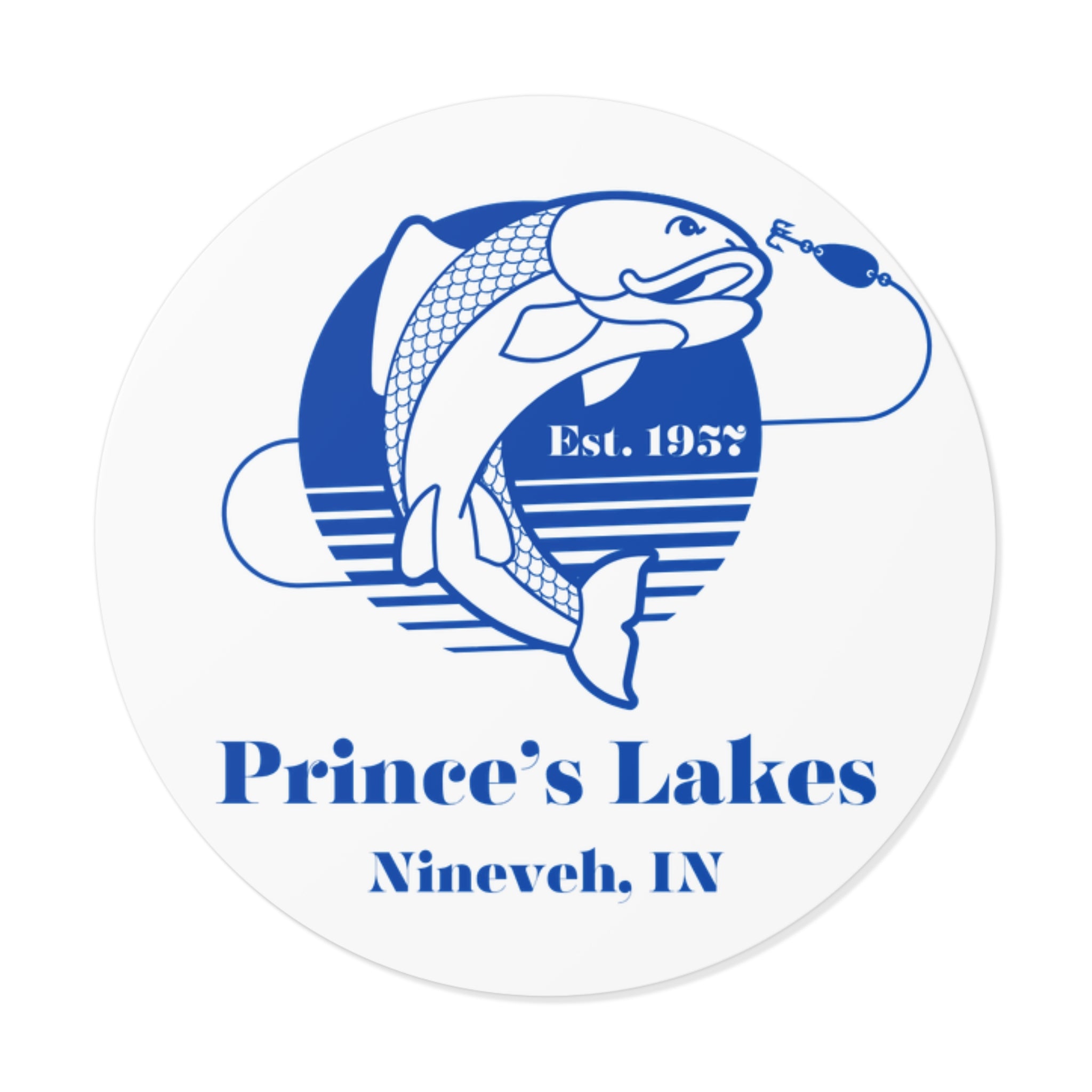 Prince's Lakes Fishing Sticker — Round Vinyl 'Est. 1957' (Nineveh, IN)