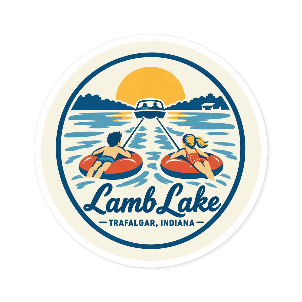 Lamb Lake Round Sticker — Retro Lake Tubing Design (Trafalgar, Indiana)