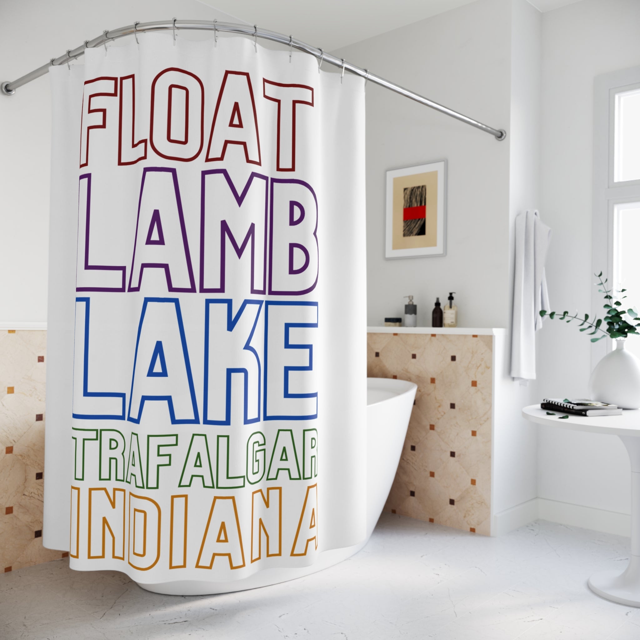 Float Lamb Lake Shower Curtain — "Float Lamb Lake Trafalgar, Indiana"
