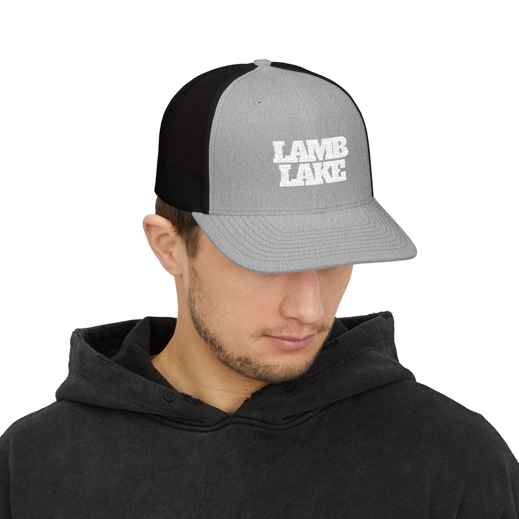 Lamb Lake Trucker Hat — Vintage White Mesh Snapback Cap