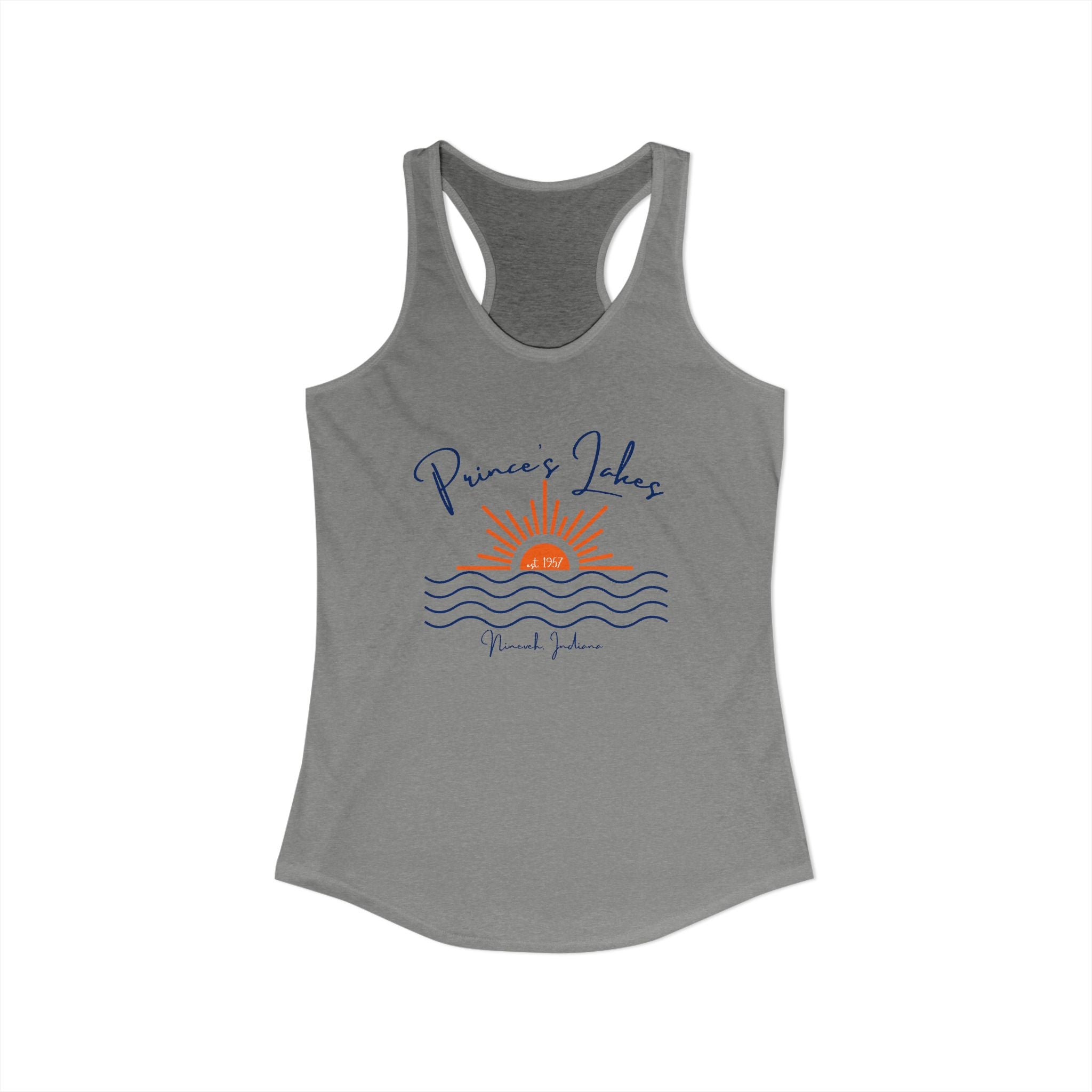 Women's Ideal Racerback Tank- Sun over Water "Prince's Lakes" Script