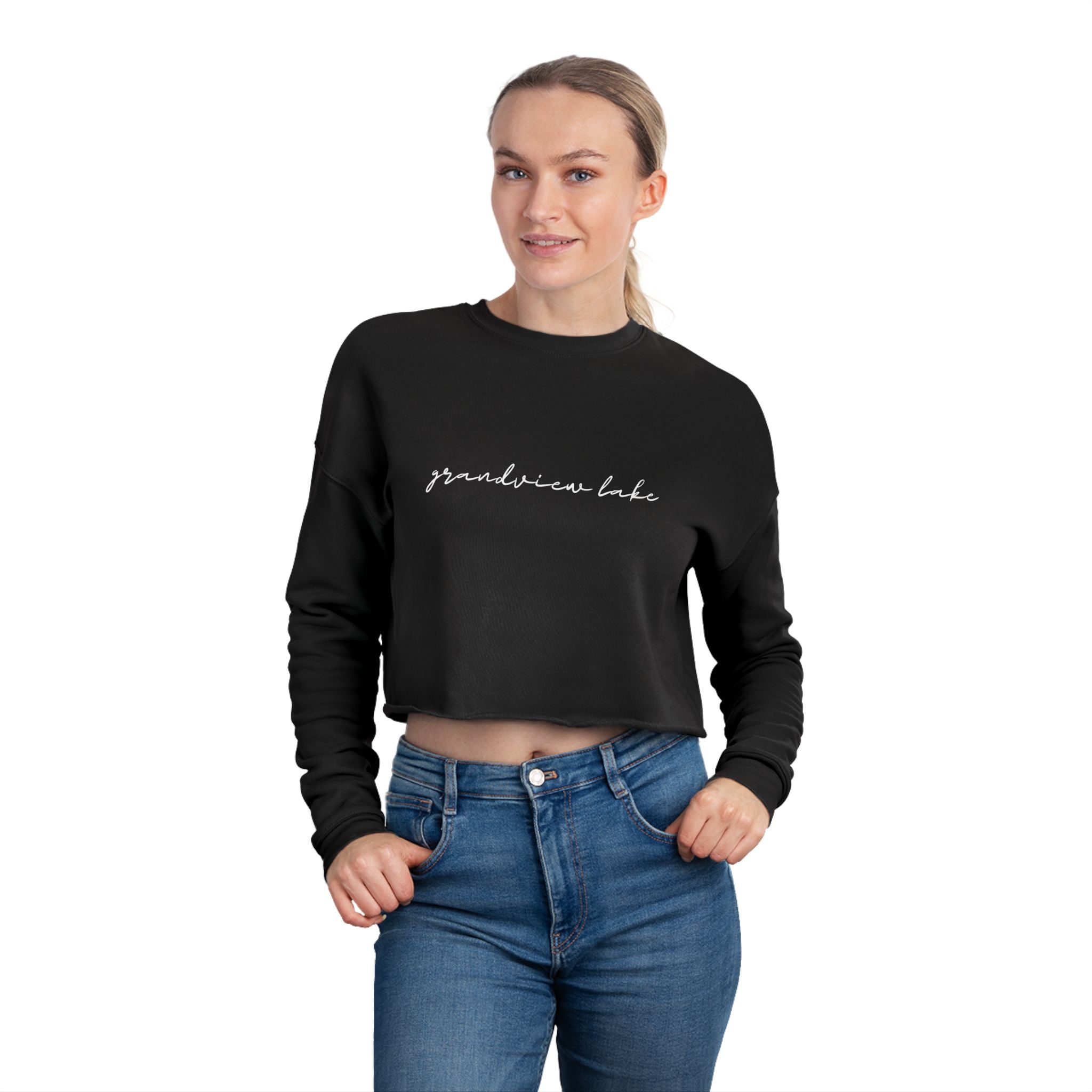 Cropped Hem Sweatshirt — 'grandview lake' Script Logo, Cozy Casual Pullover